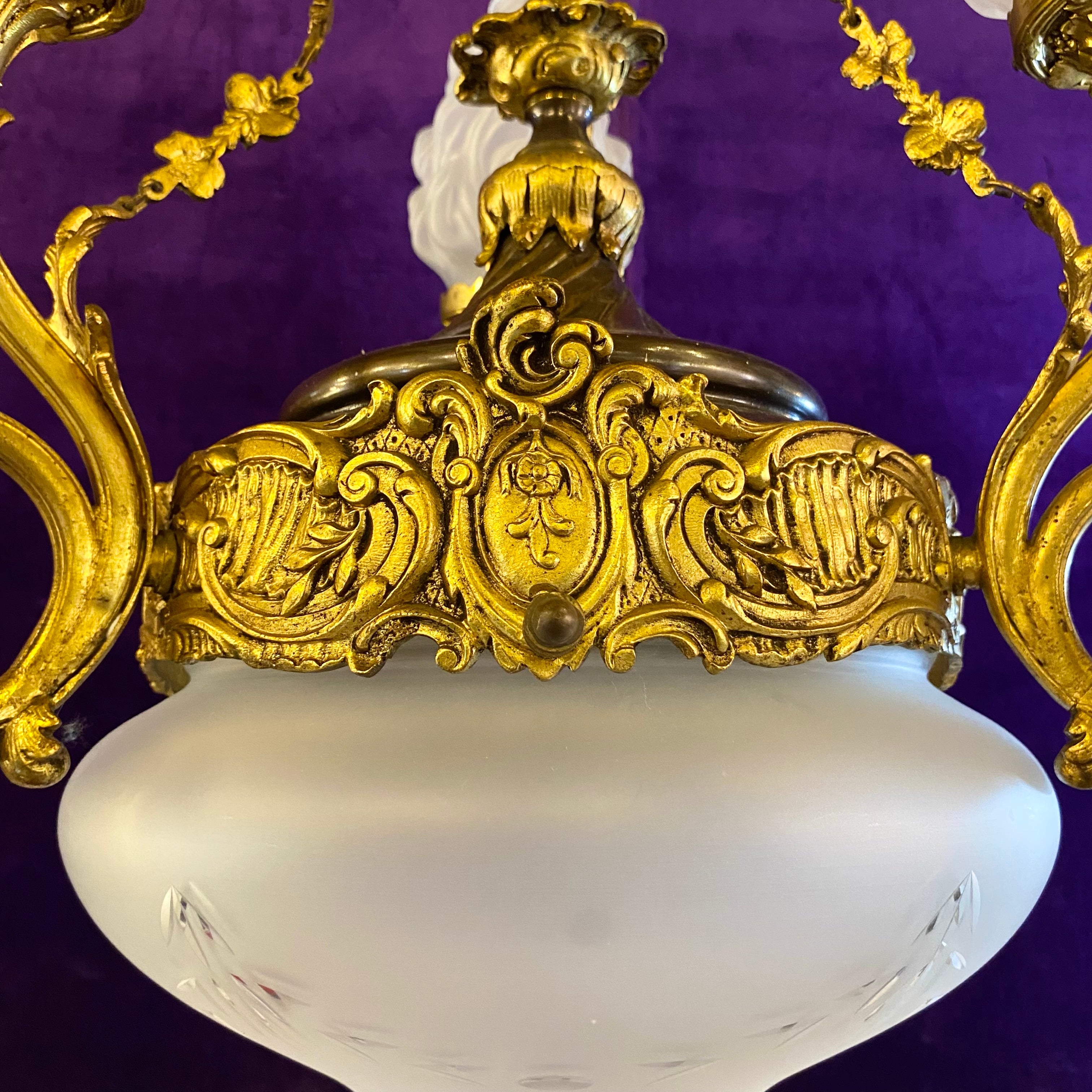 Rare Gilt Empire Chandelier with Original Etched Glass Shades - SOLD