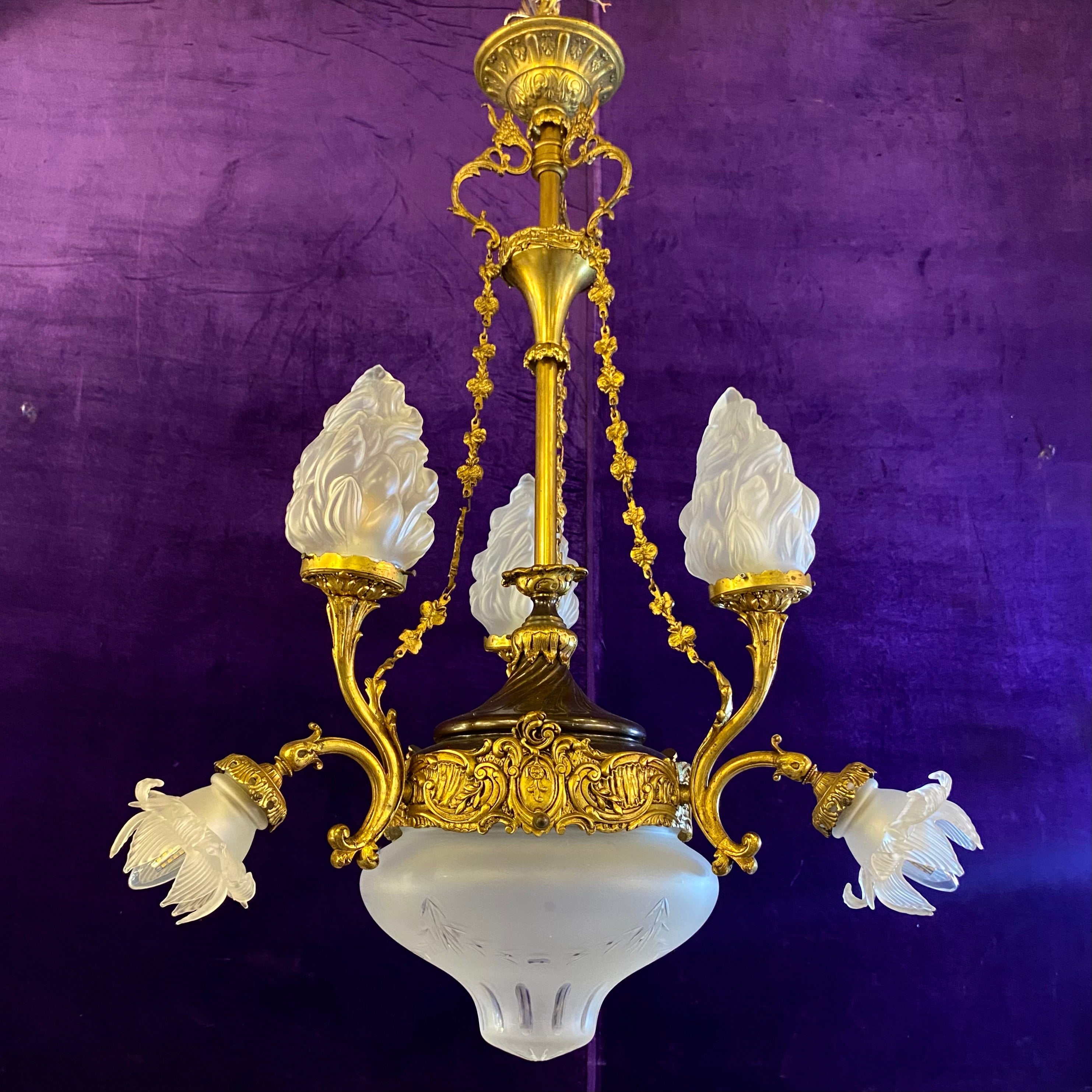 Rare Gilt Empire Chandelier with Original Etched Glass Shades - SOLD