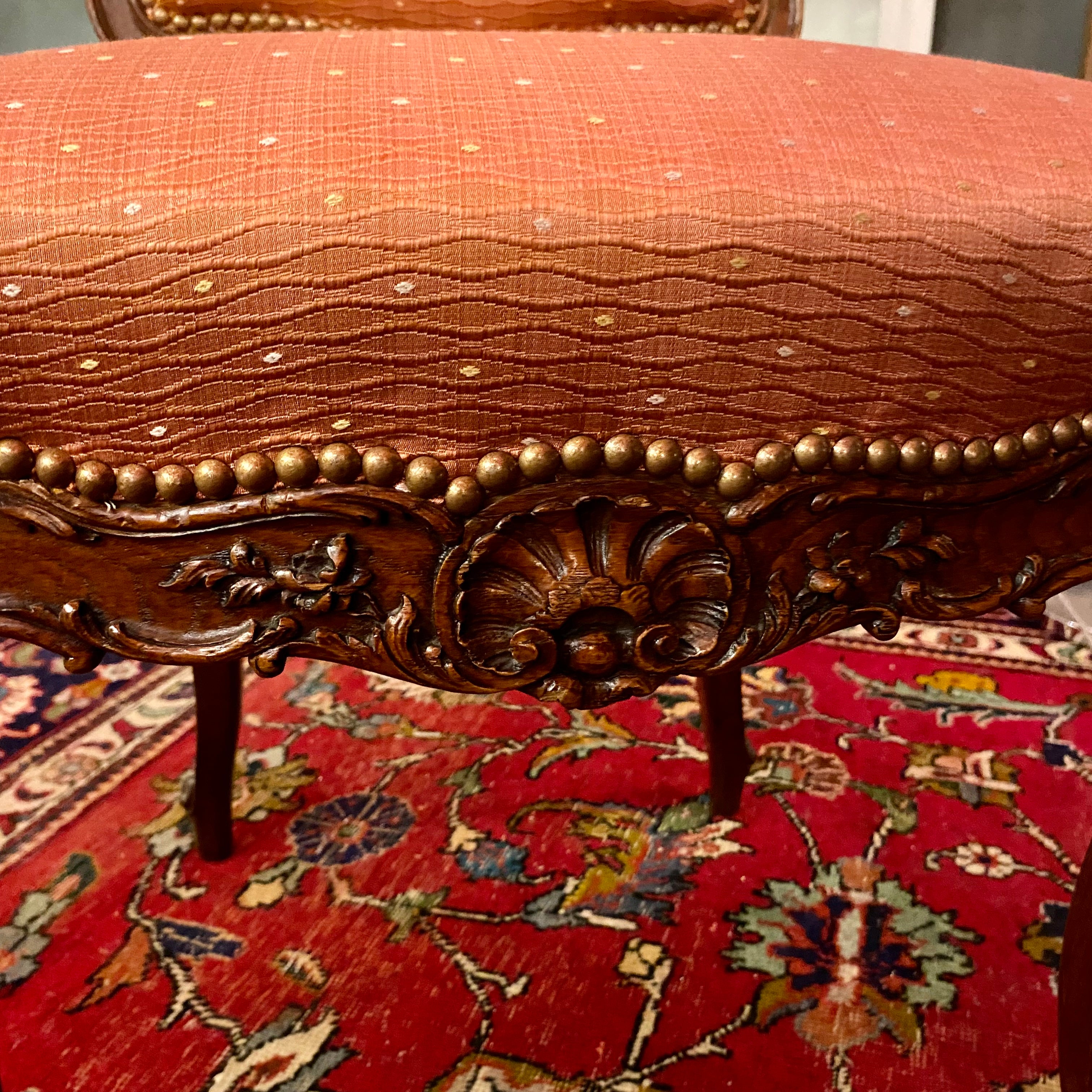 Trio of Antique Carved Dining Chairs with Brass Studs