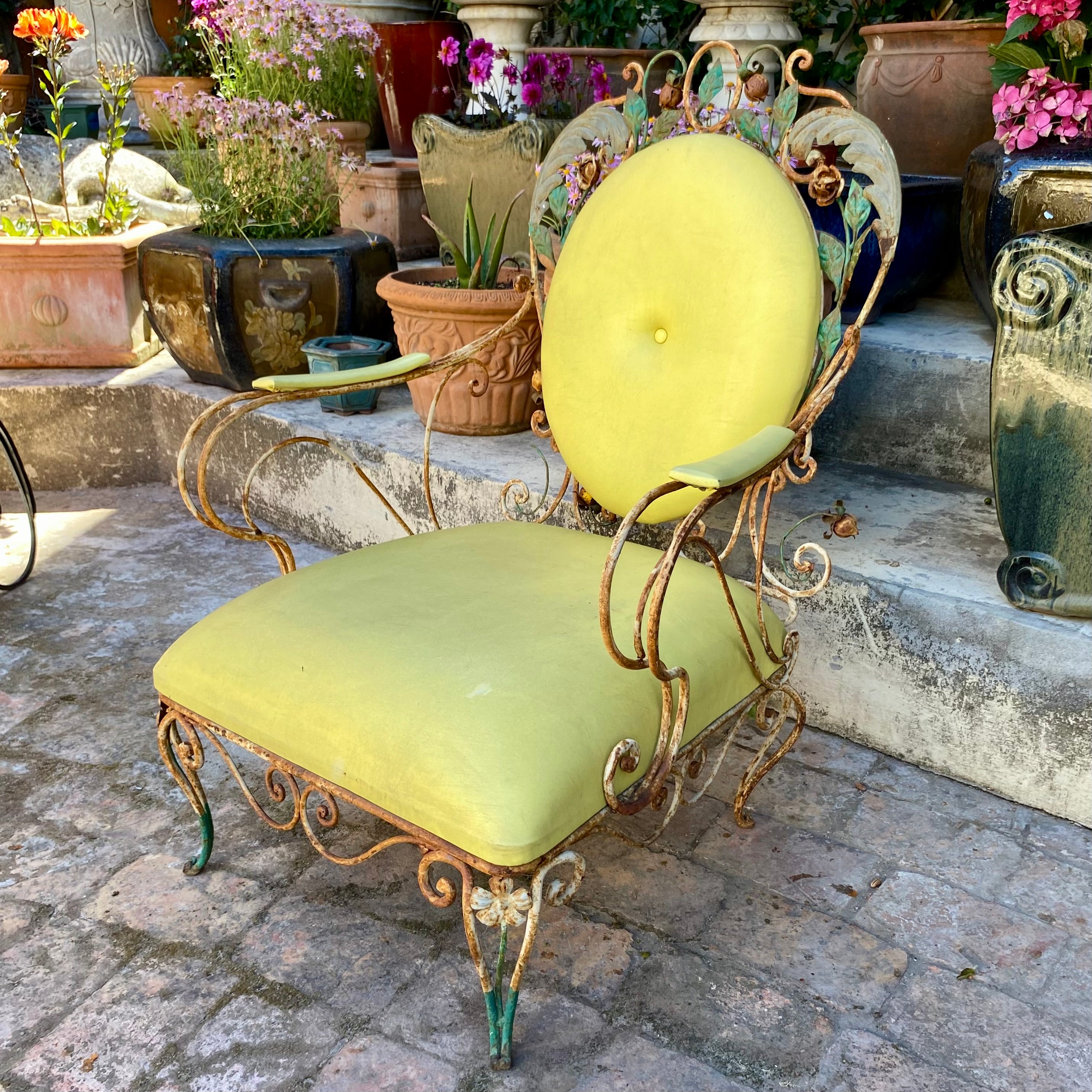 Rustic Wrought Iron Armchair with Rose Details