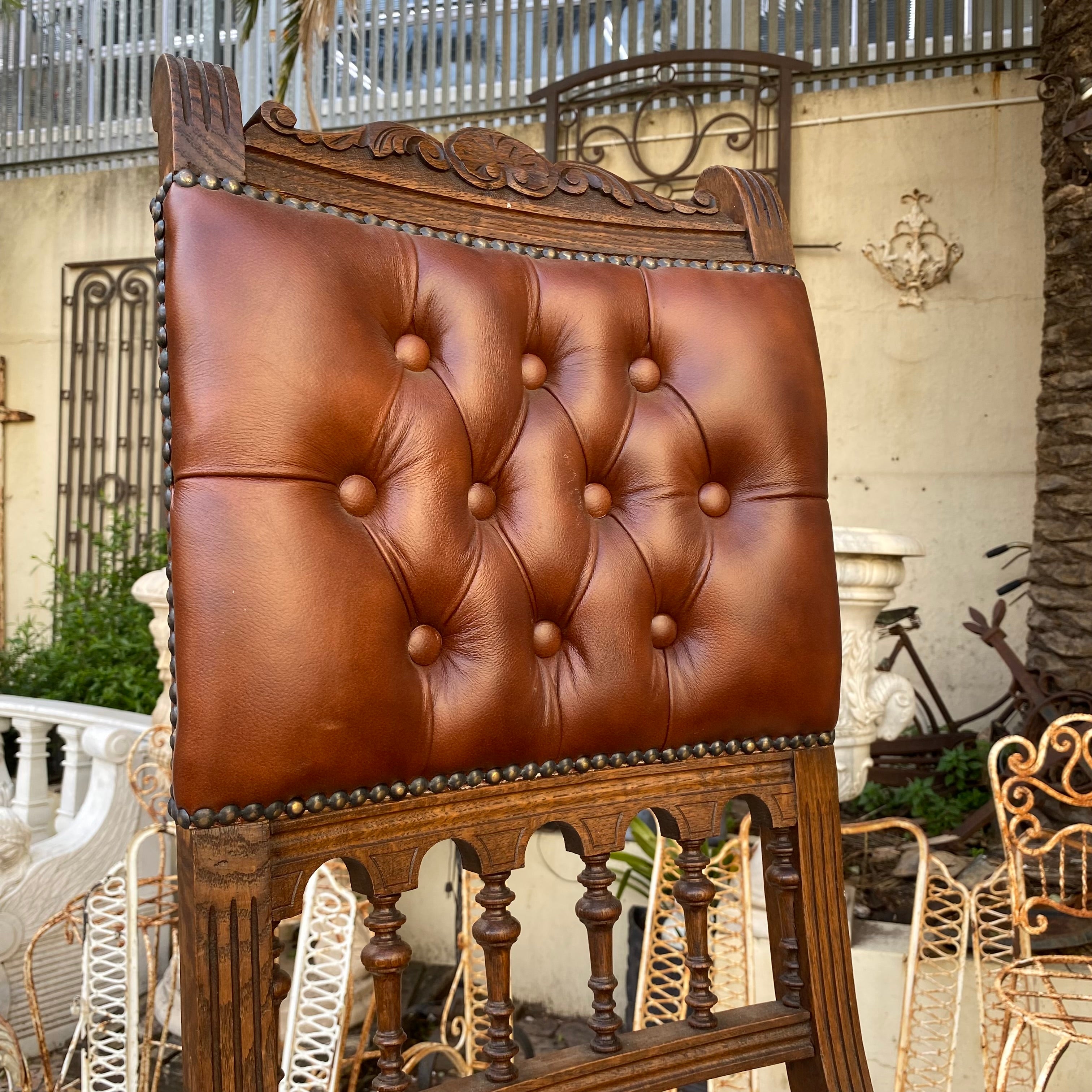 Antique Carved Oak and Leather Dining Chairs