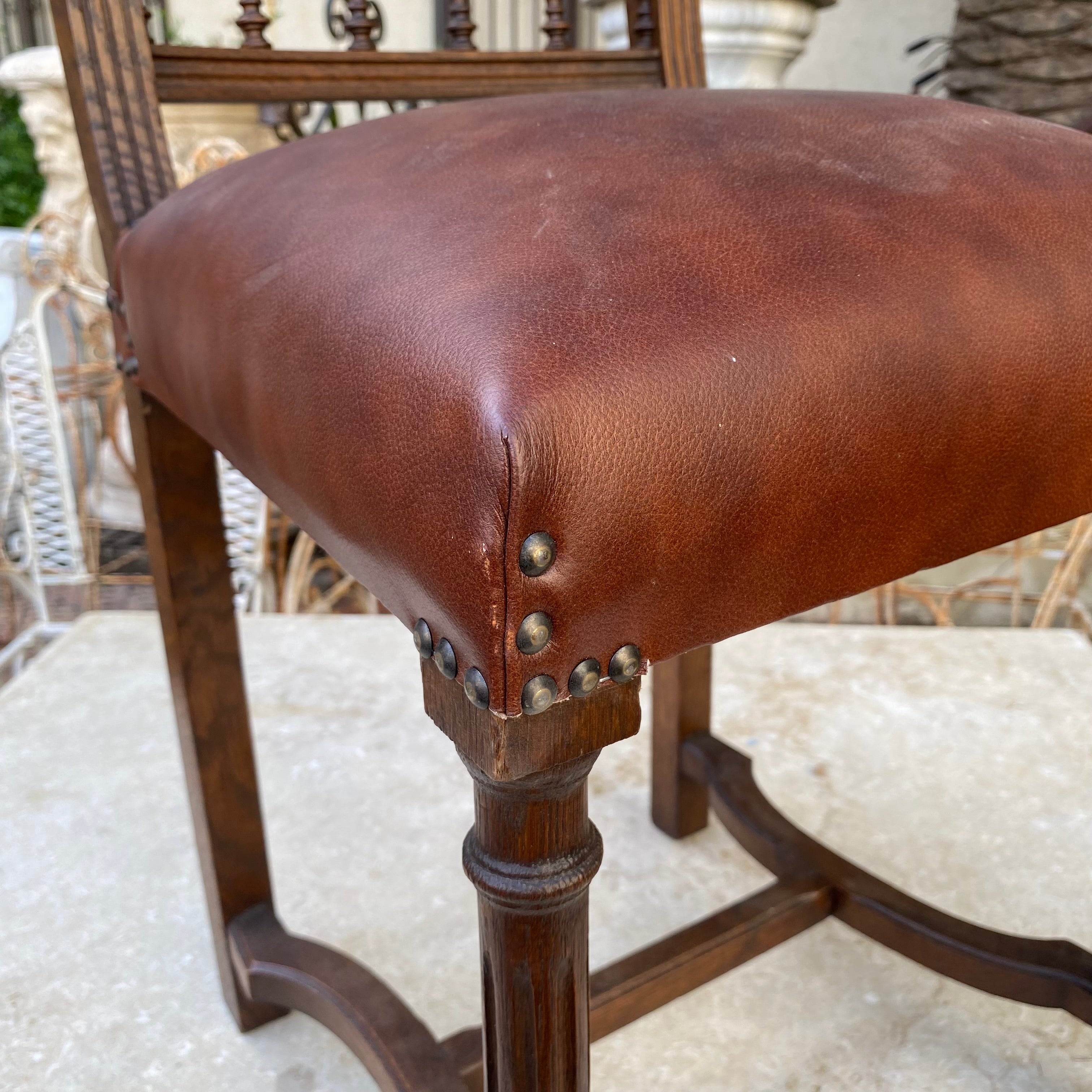 Antique Carved Oak and Leather Dining Chairs