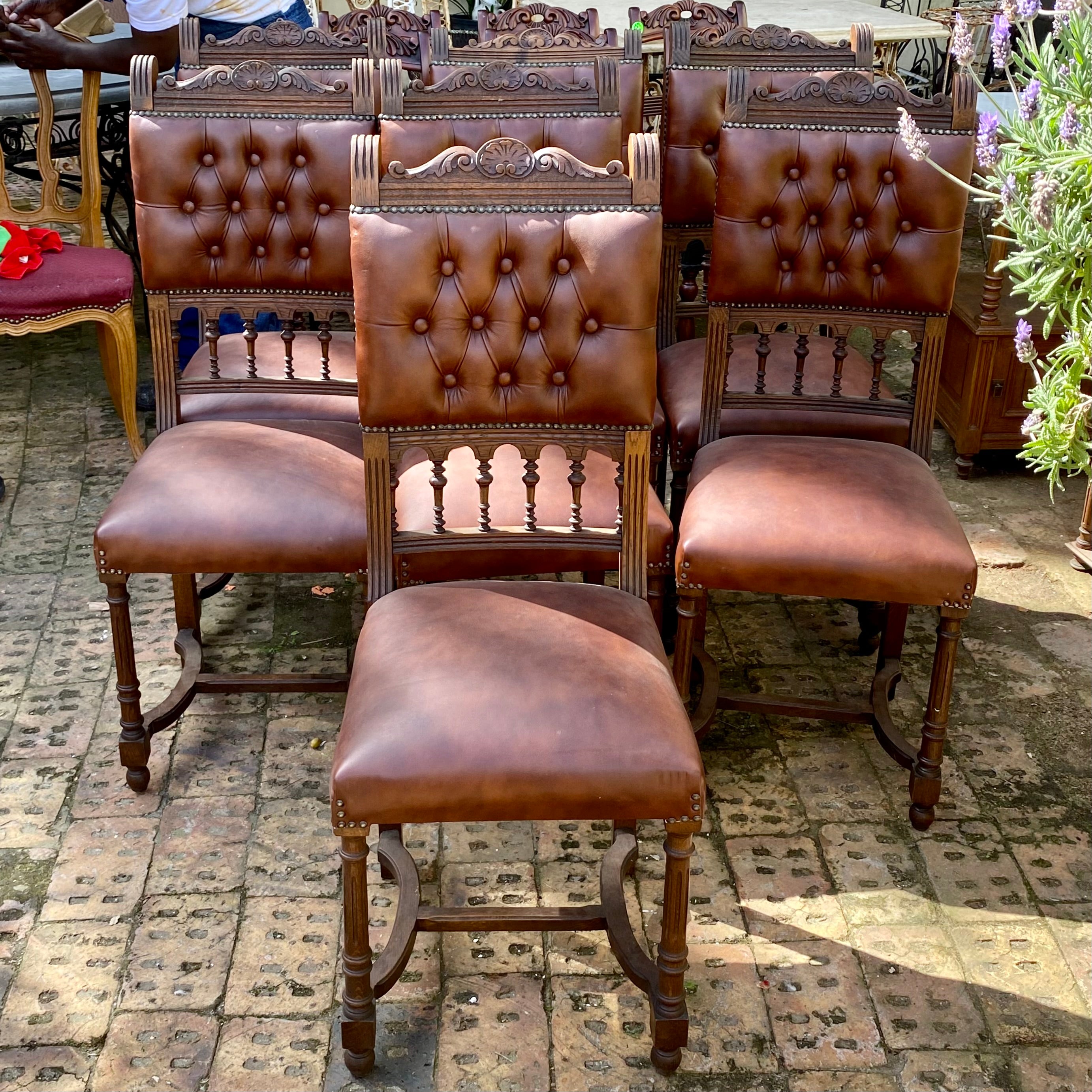 Antique Carved Oak and Leather Dining Chairs