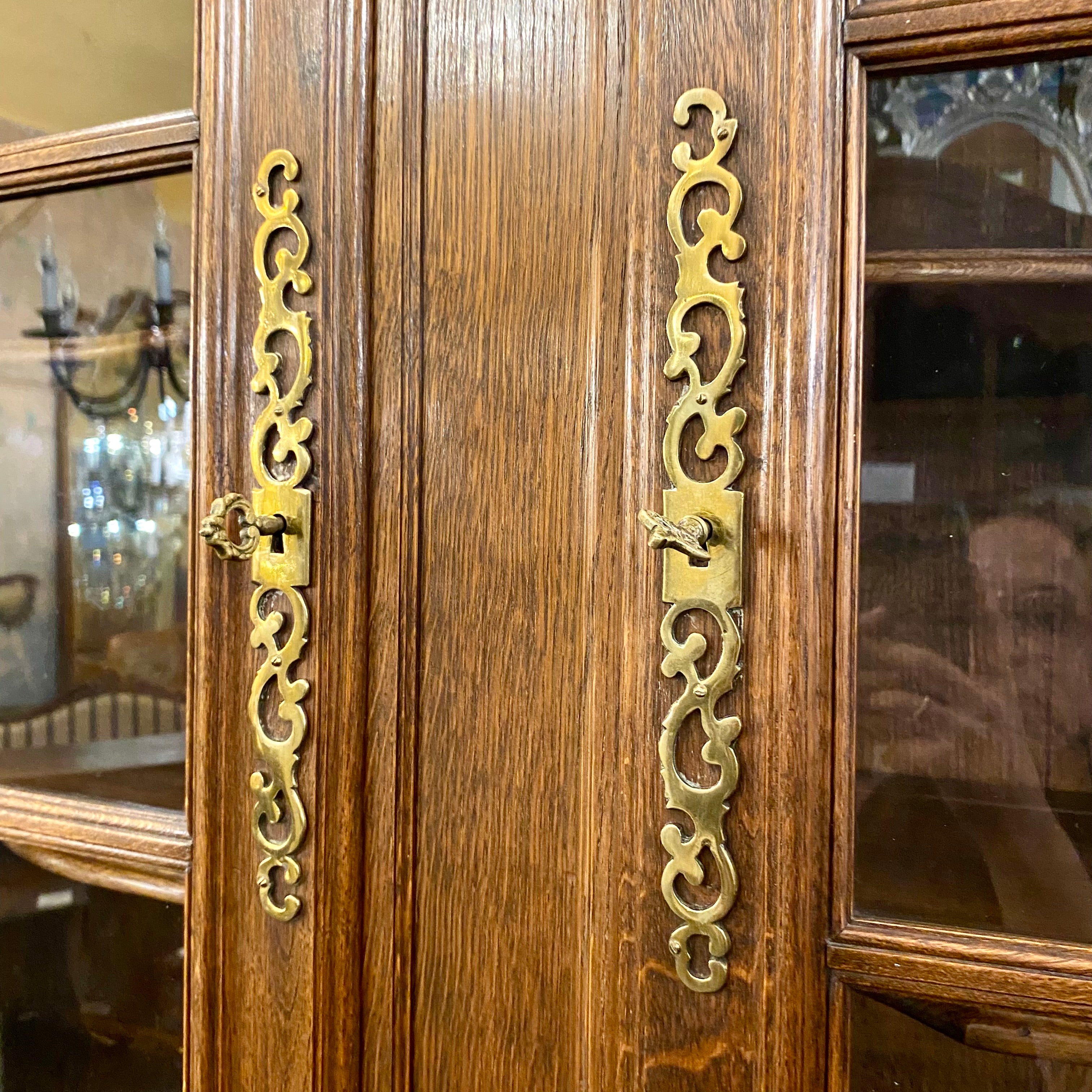 Large Oak Art Nouveau Display Cabinet  with Brass Detailing