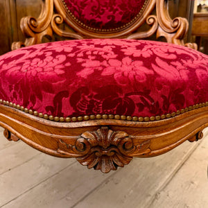 Antique Carved Oak Armchair with Luxurious Red Upholstery - SOLD