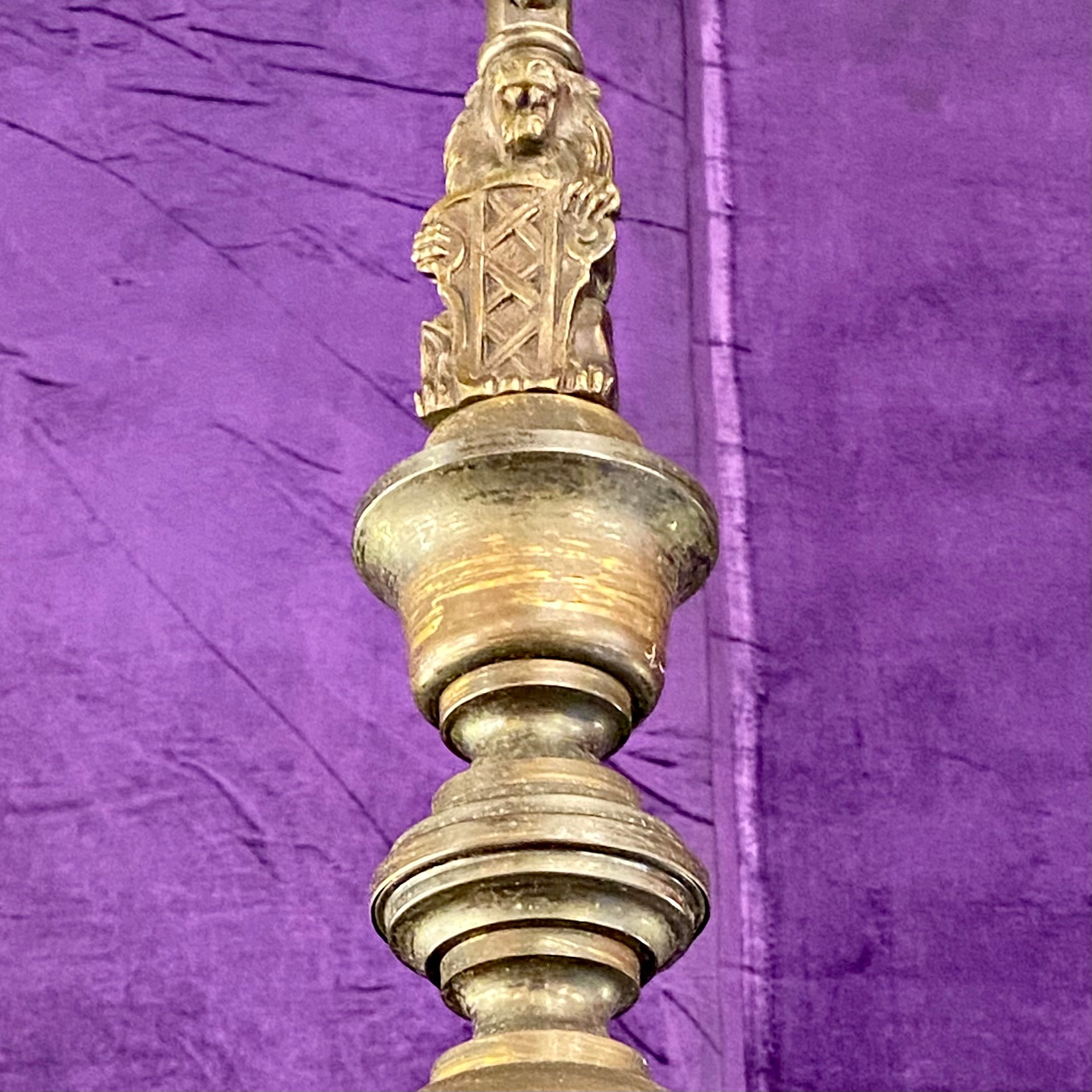 Antique Aged Brass Flemish Chandelier with Lion Detail