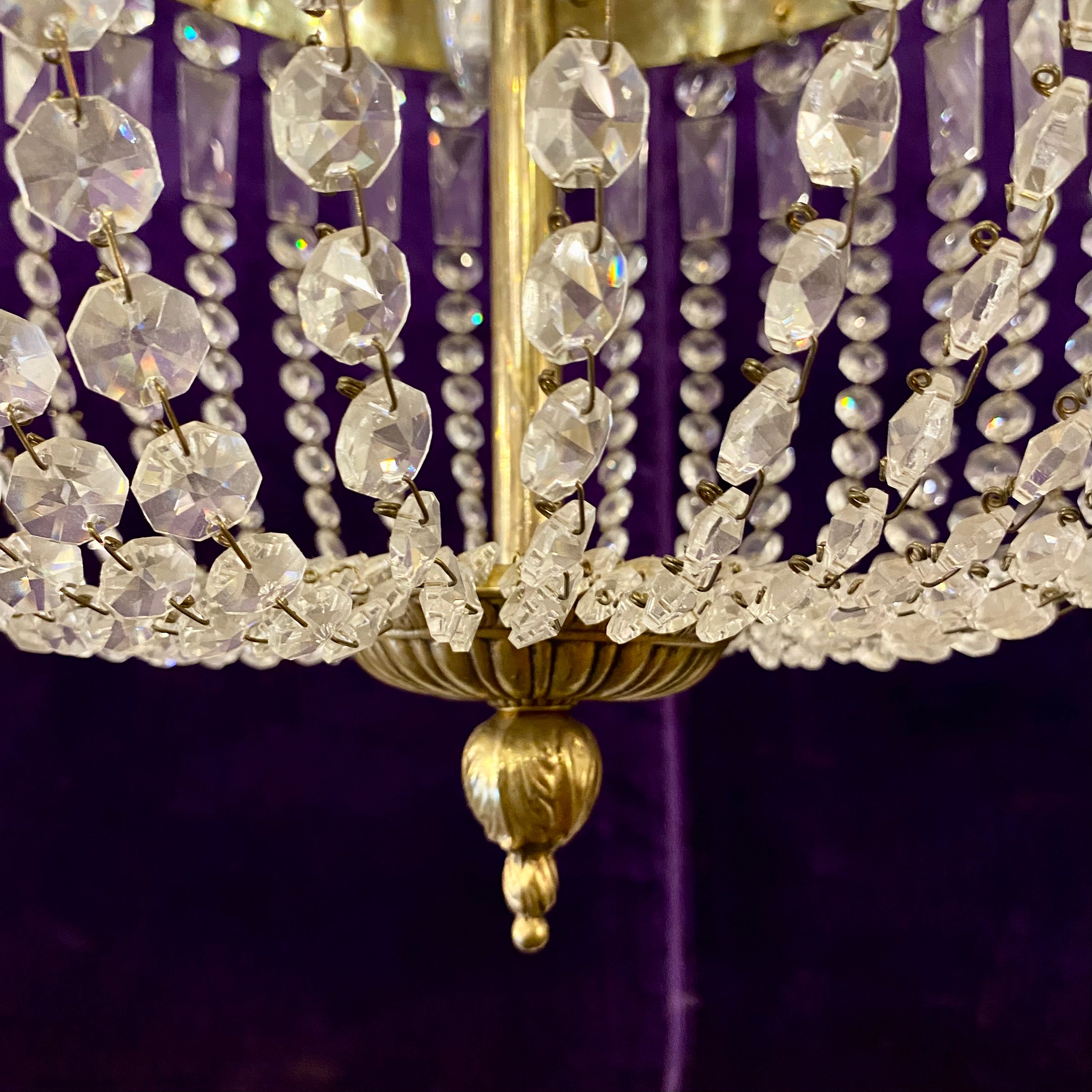 A Very Large Brass and Crystal Neoclassical Chandelier