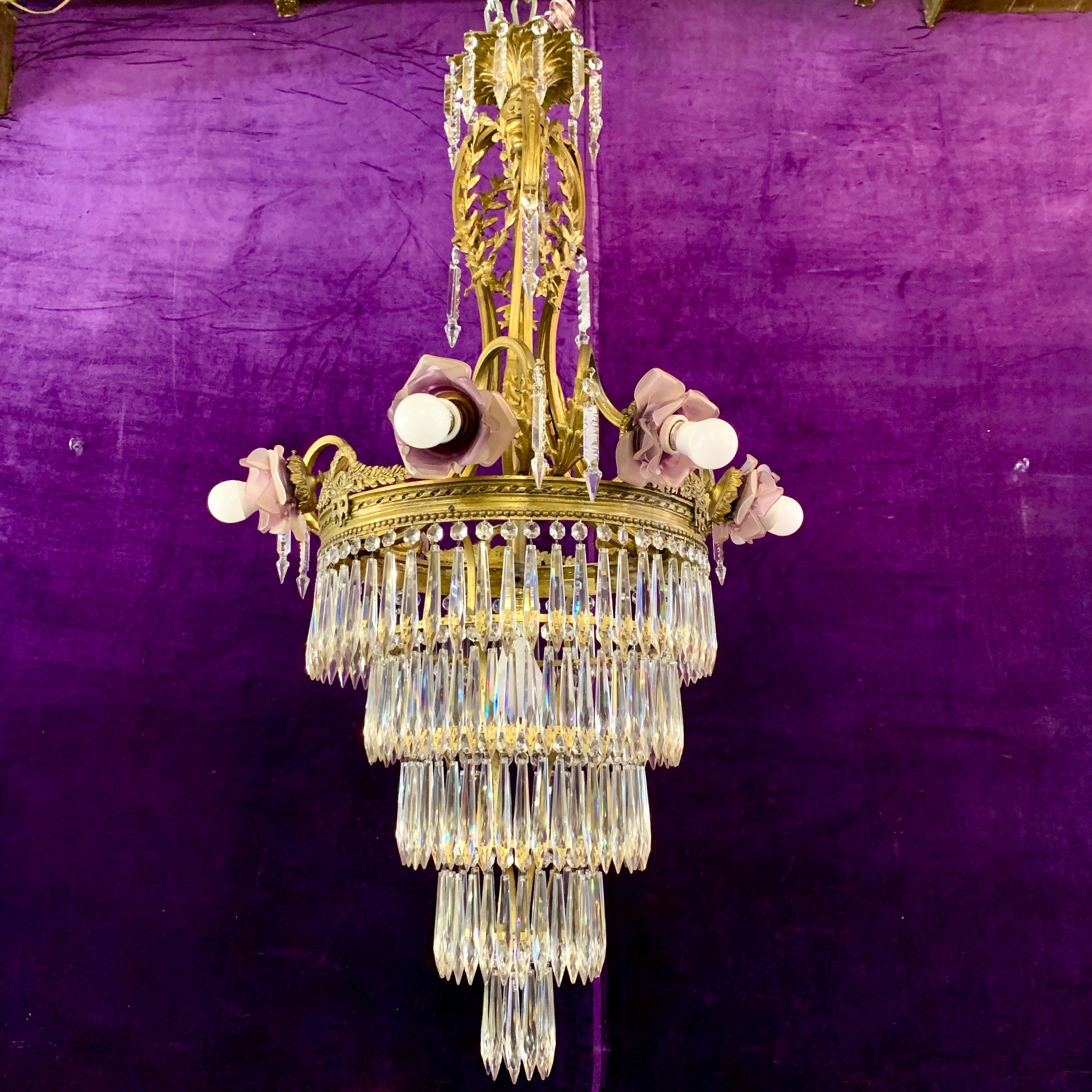 Phenomenal Antique Brass Waterfall Chandelier with Lilac Roses