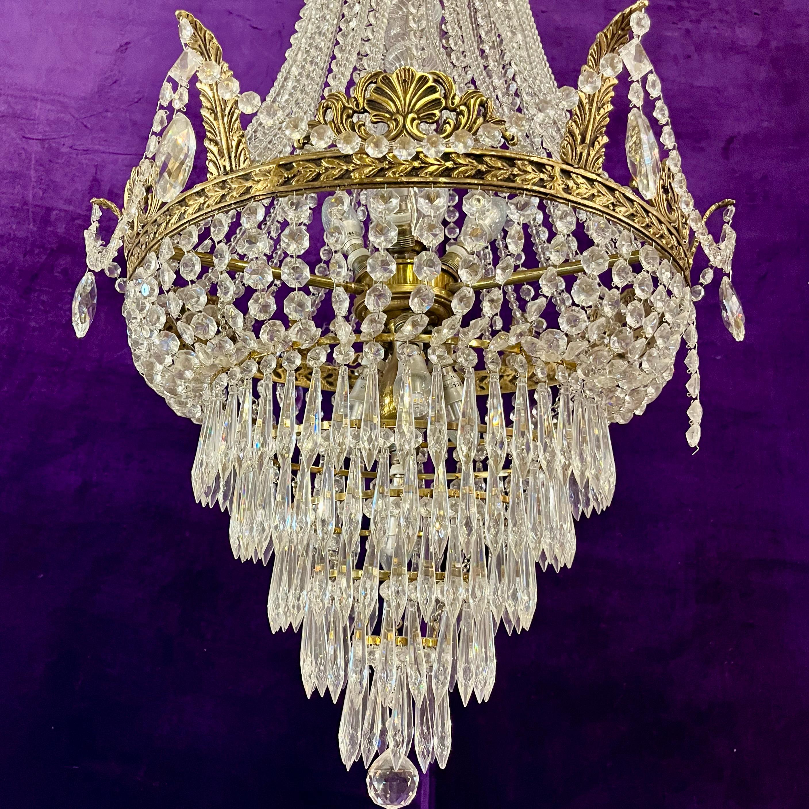 Custom Neoclassical Crystal Chandelier with Antique Brass Castings by Delos -SOLD