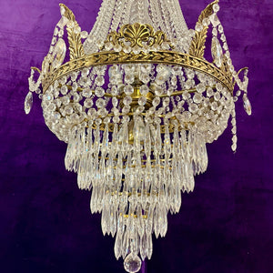 Custom Neoclassical Crystal Chandelier with Antique Brass Castings by Delos -SOLD