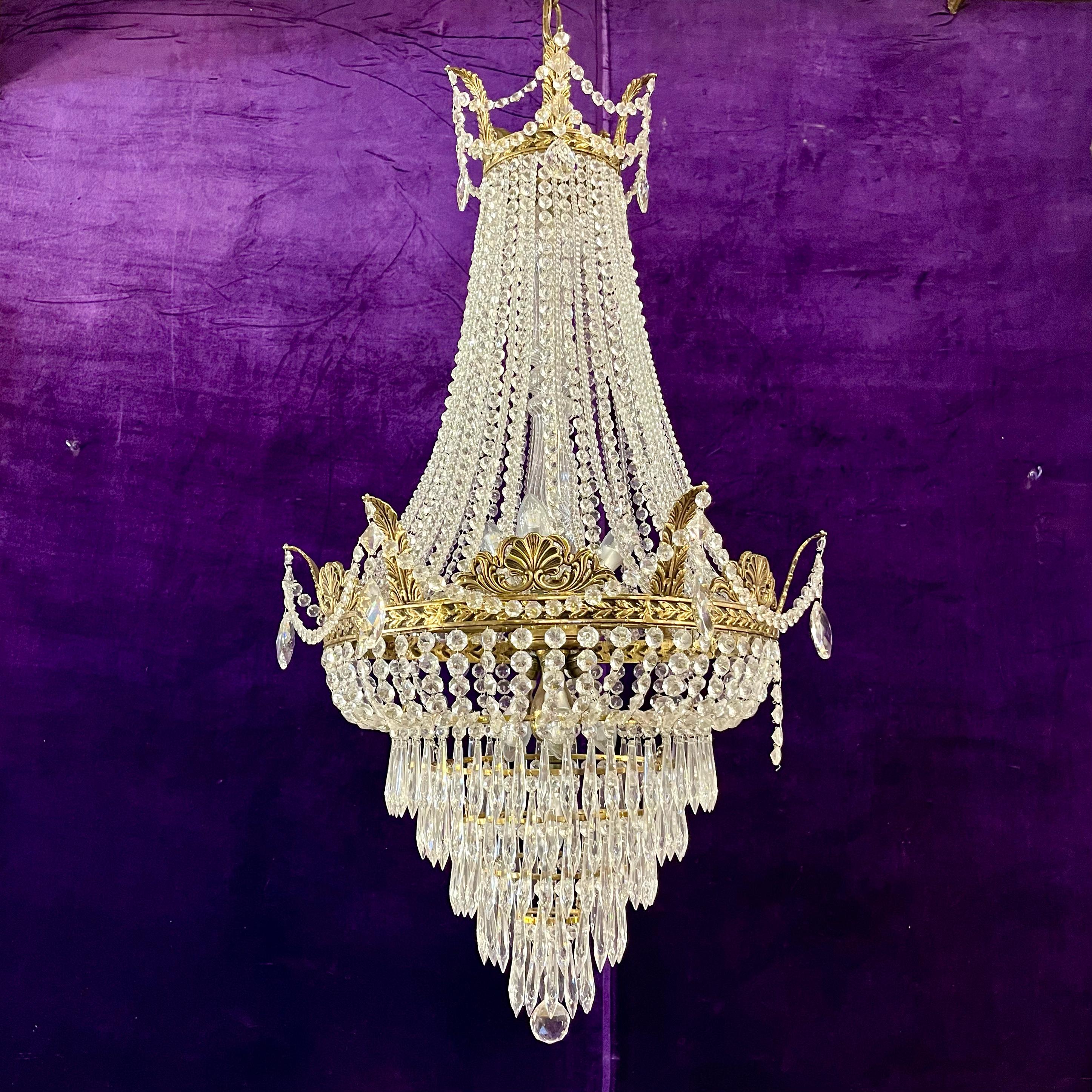 Custom Neoclassical Crystal Chandelier with Antique Brass Castings by Delos -SOLD