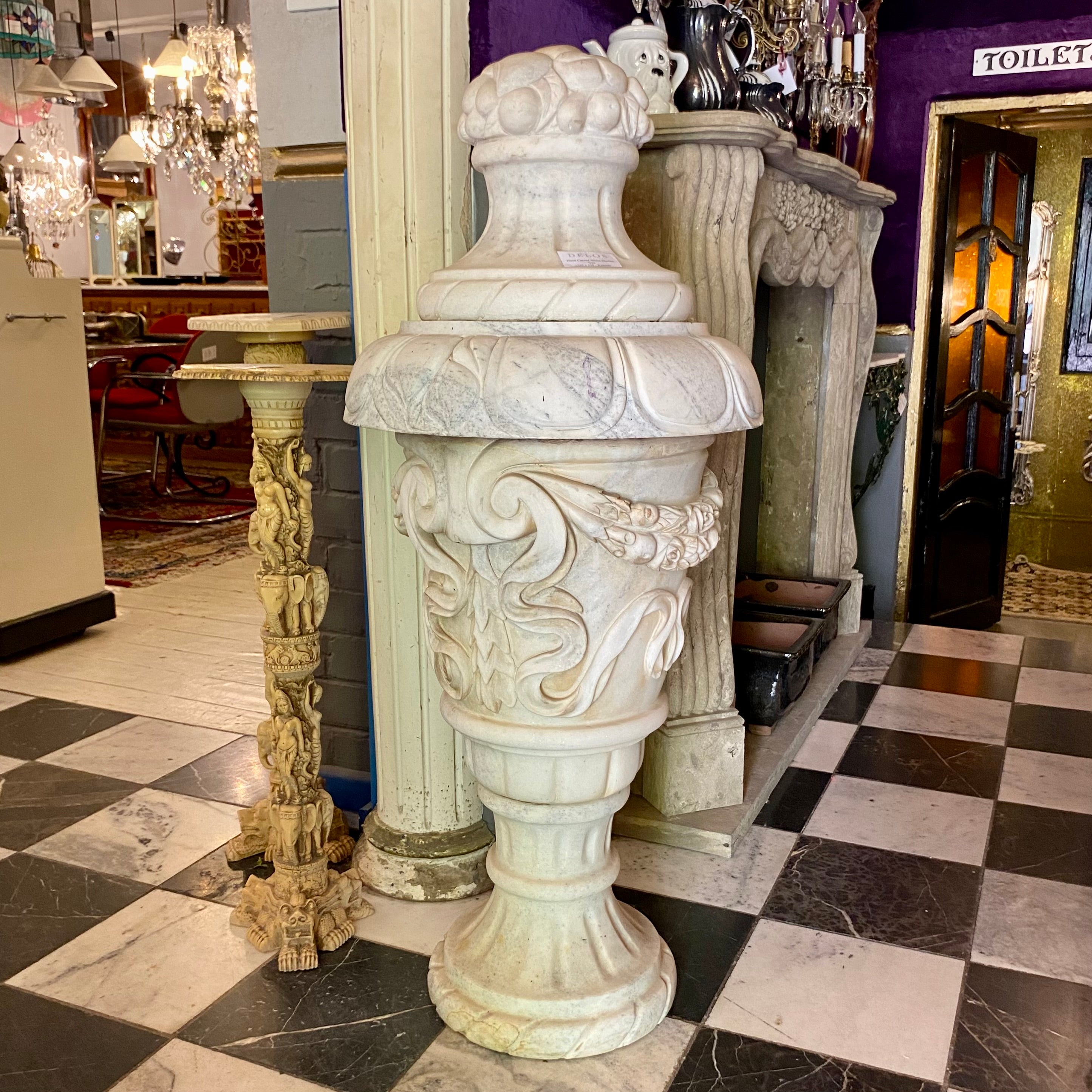 A Pair of Hand Carved White Marble Finials