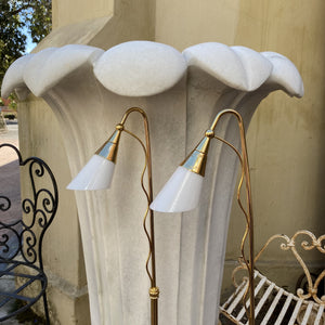 Pair of Elegant Brass Standing Lamps with White Glass Shades