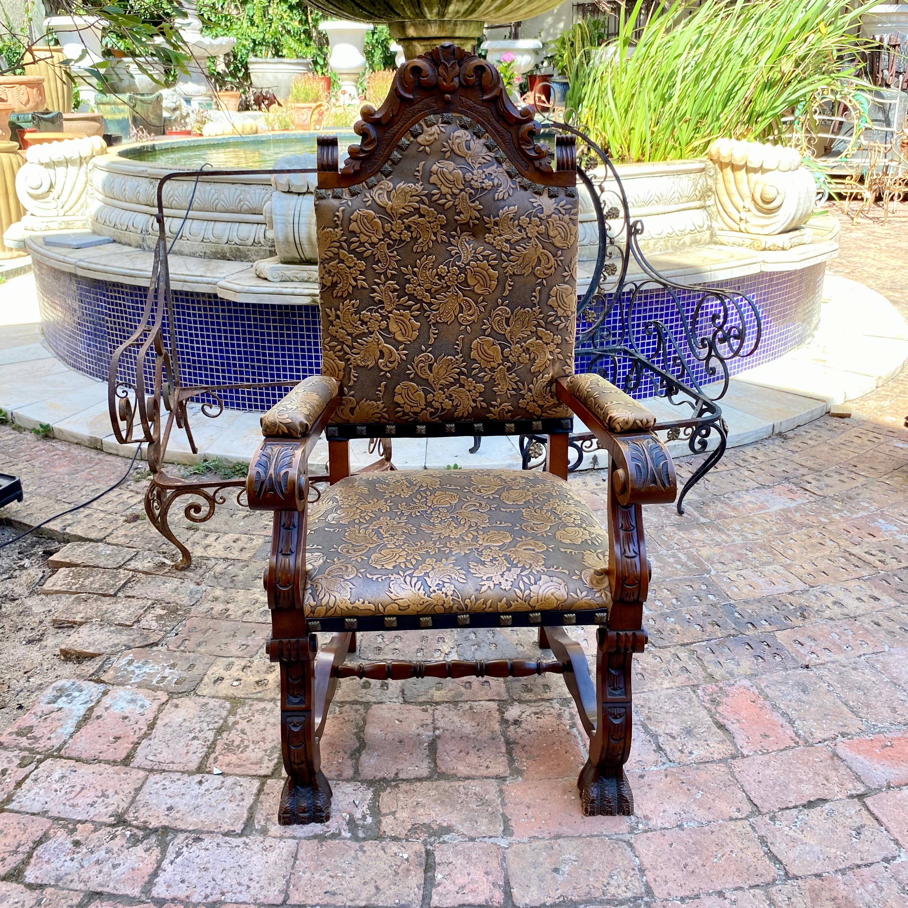 Magnificent Antique Embossed Leather and Oak Arm Chair