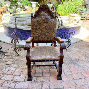 Magnificent Antique Embossed Leather and Oak Arm Chair