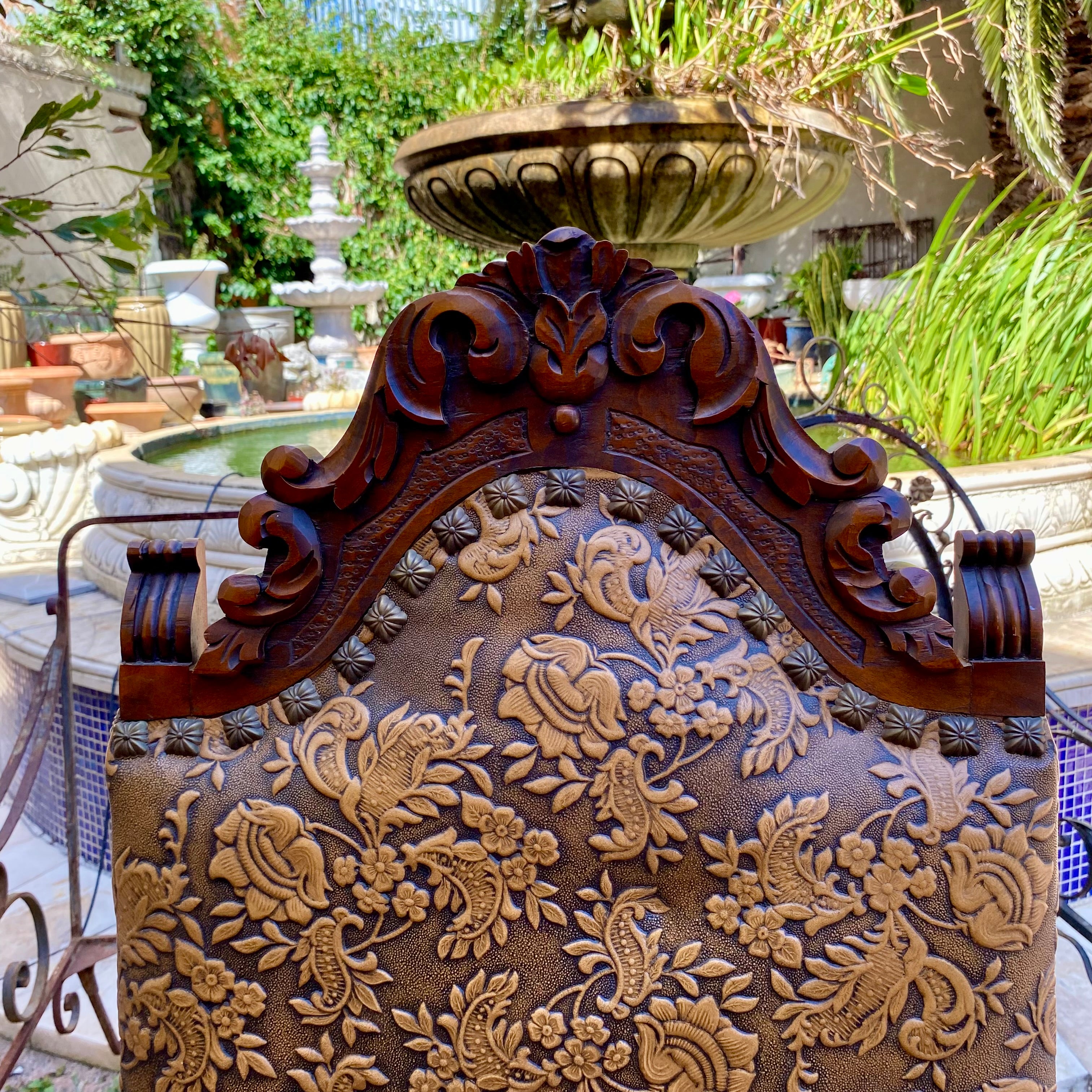 Magnificent Antique Embossed Leather and Oak Arm Chair