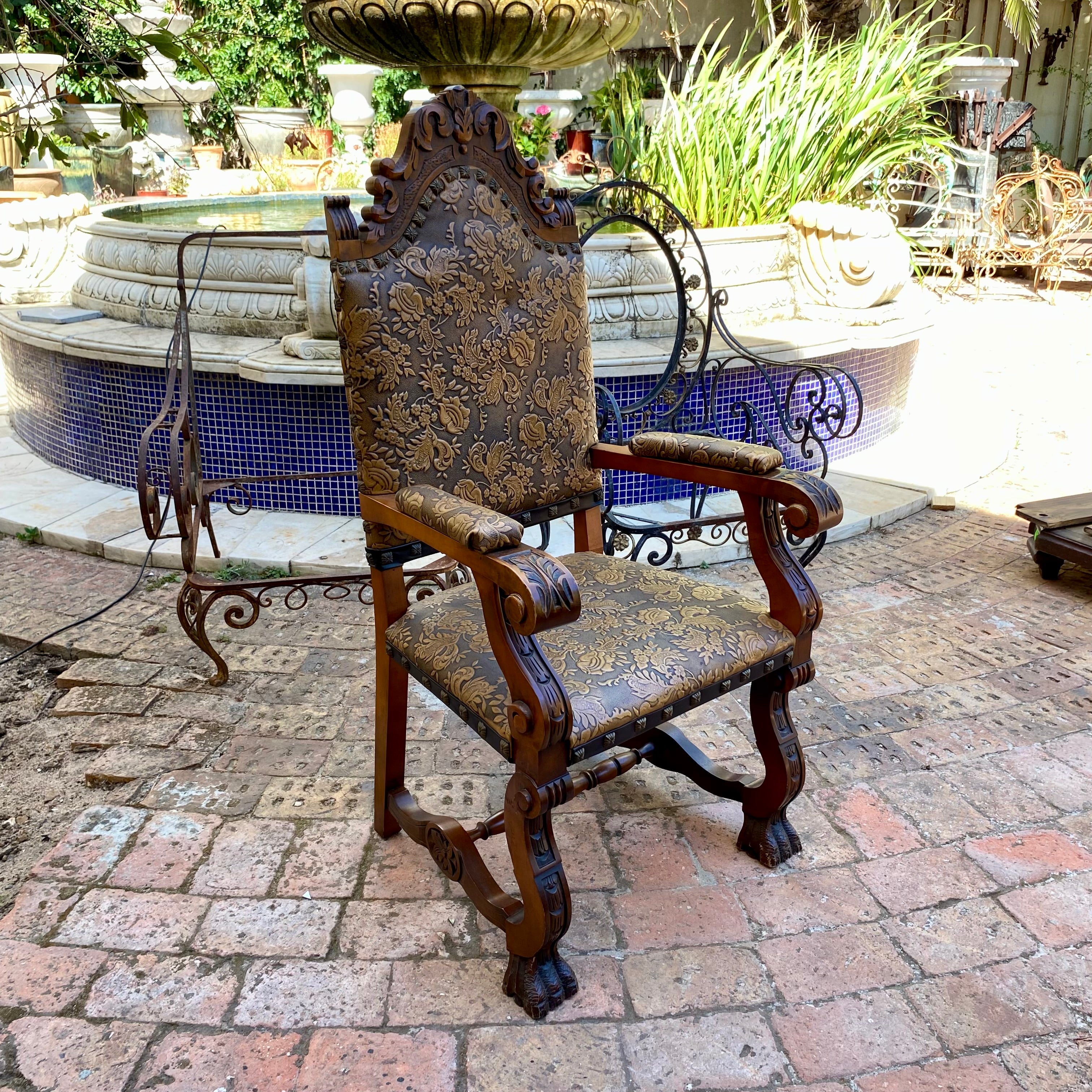 Magnificent Antique Embossed Leather and Oak Arm Chair