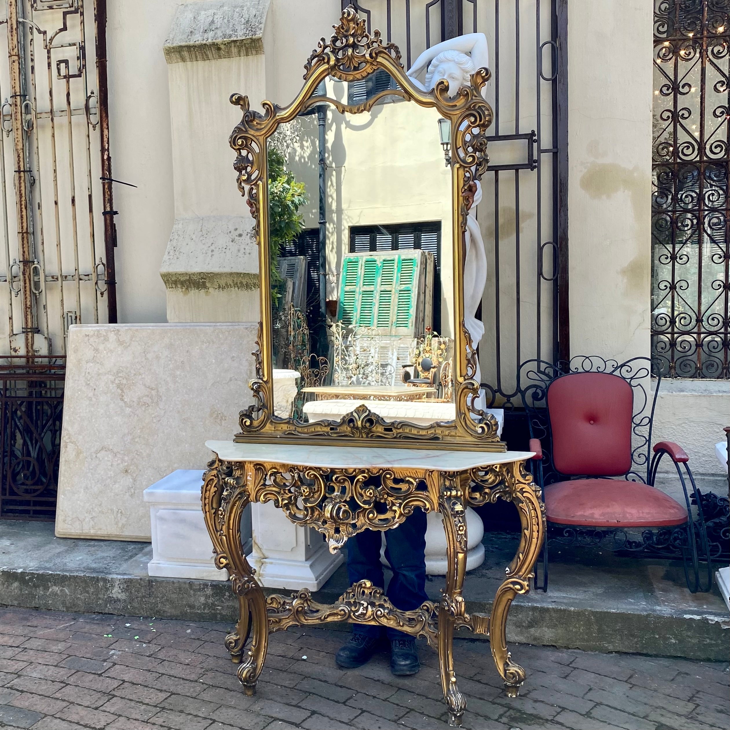 Antique Gilt Wood Mirror and Console Set with Marble Top - SOLD