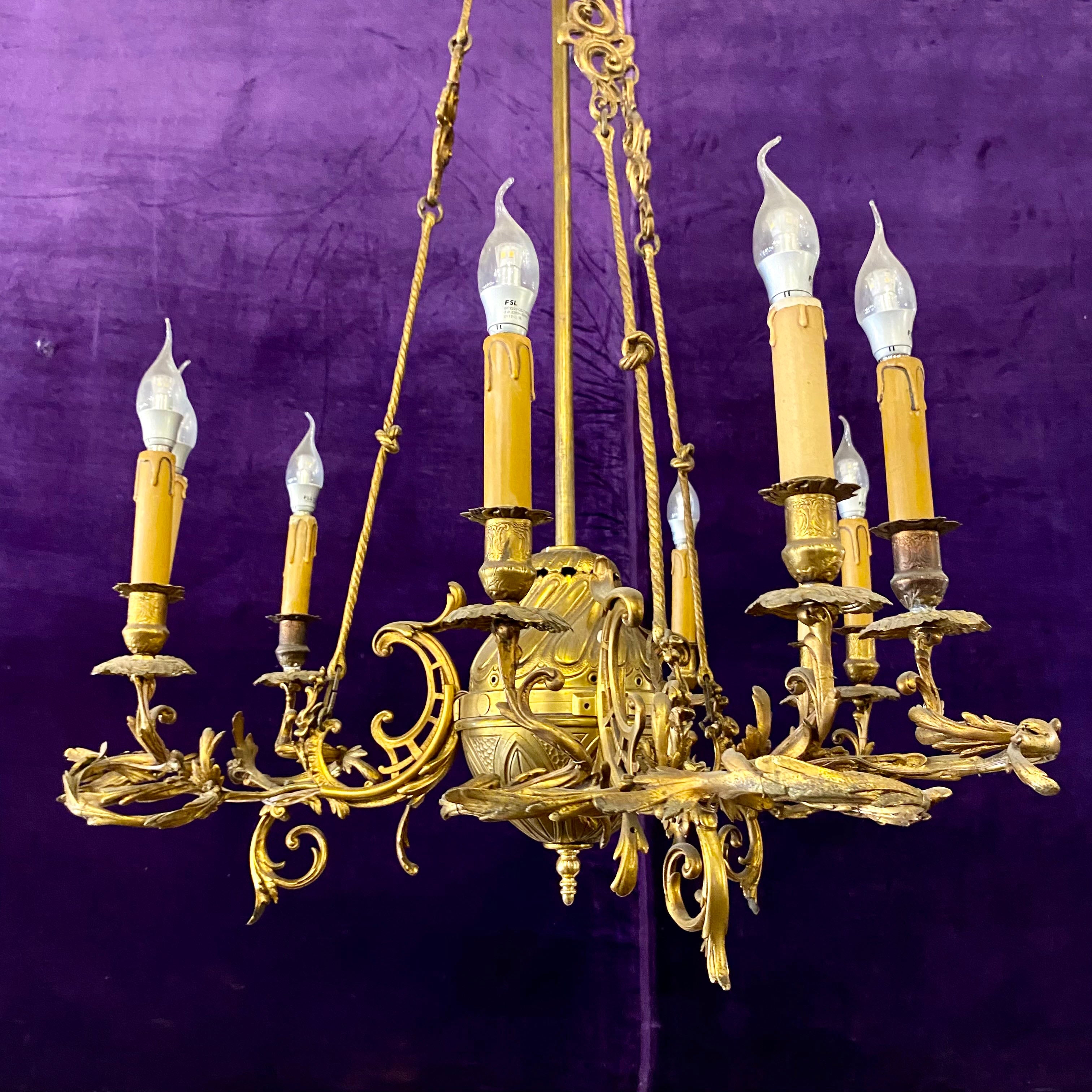 Antique Polished Brass Gasolier Chandelier