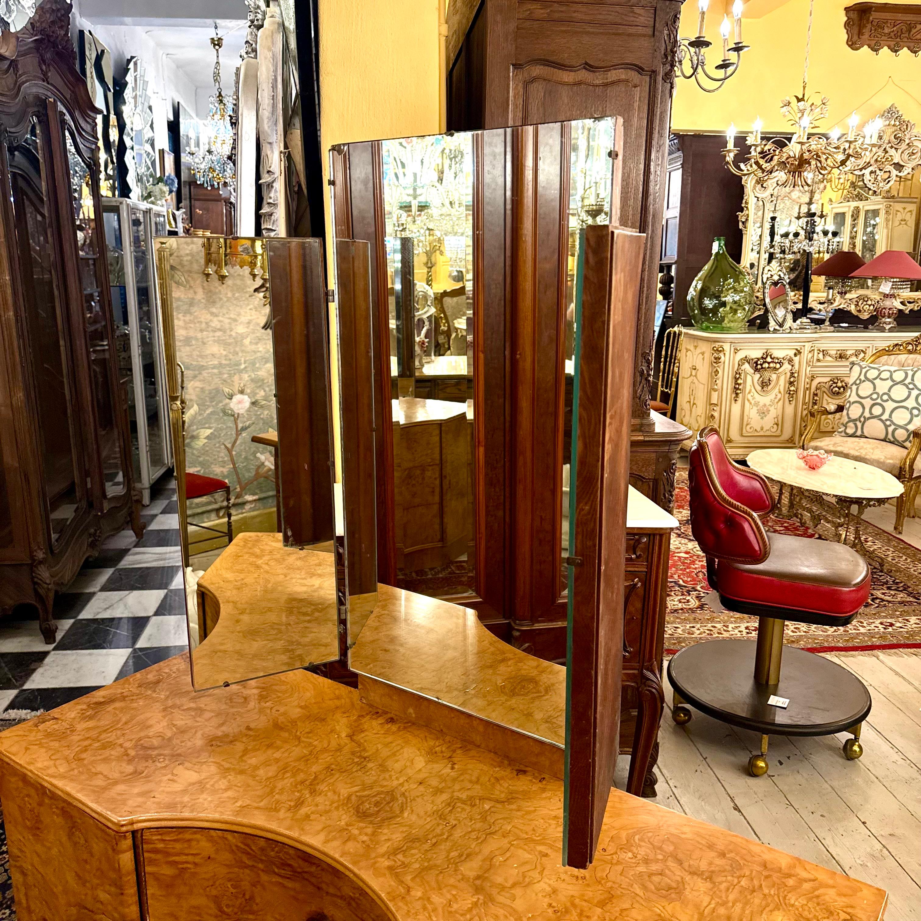 Art Deco Curved Burr Walnut Dressing Table with Triptych Mirror