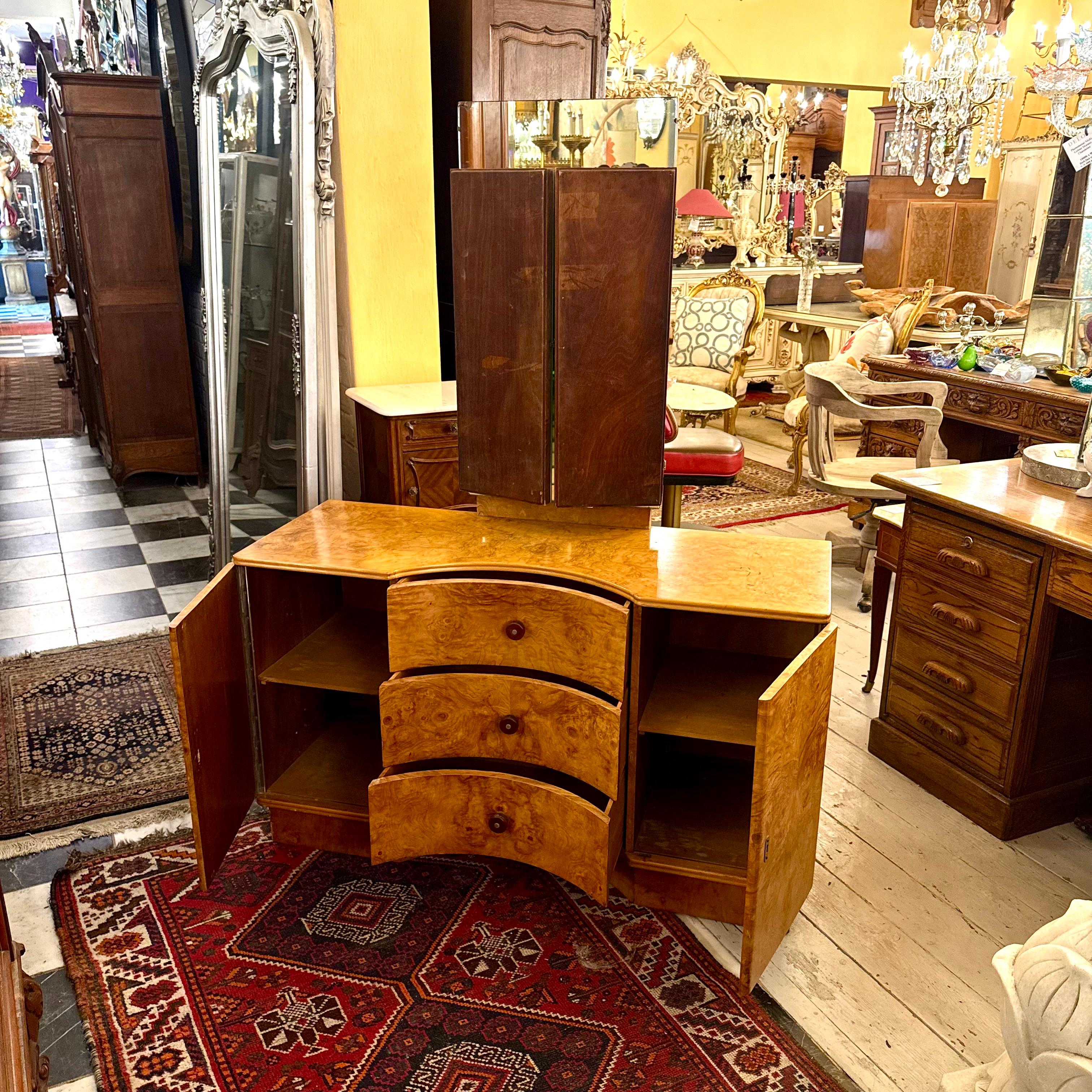 Art Deco Curved Burr Walnut Dressing Table with Triptych Mirror