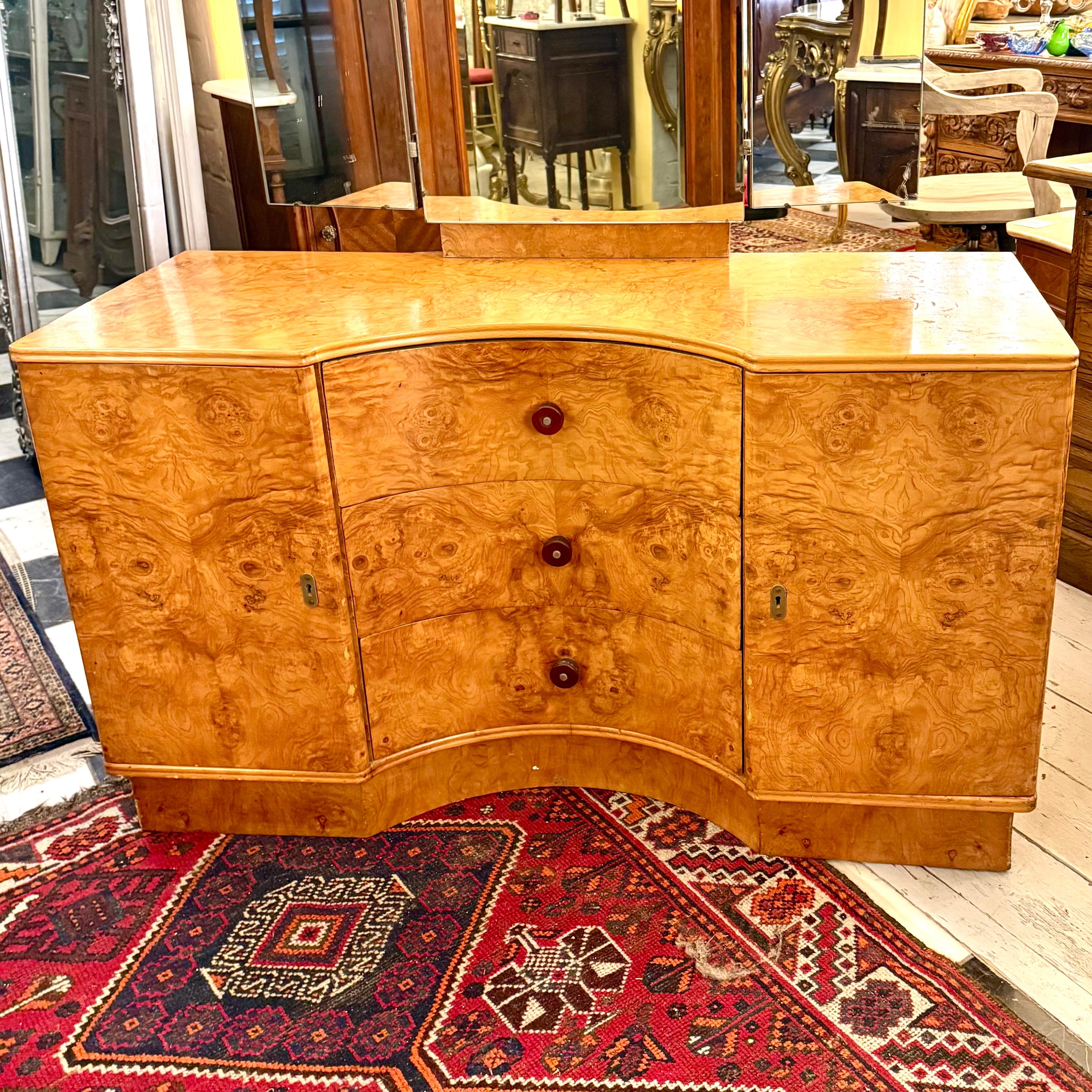 Art Deco Curved Burr Walnut Dressing Table with Triptych Mirror