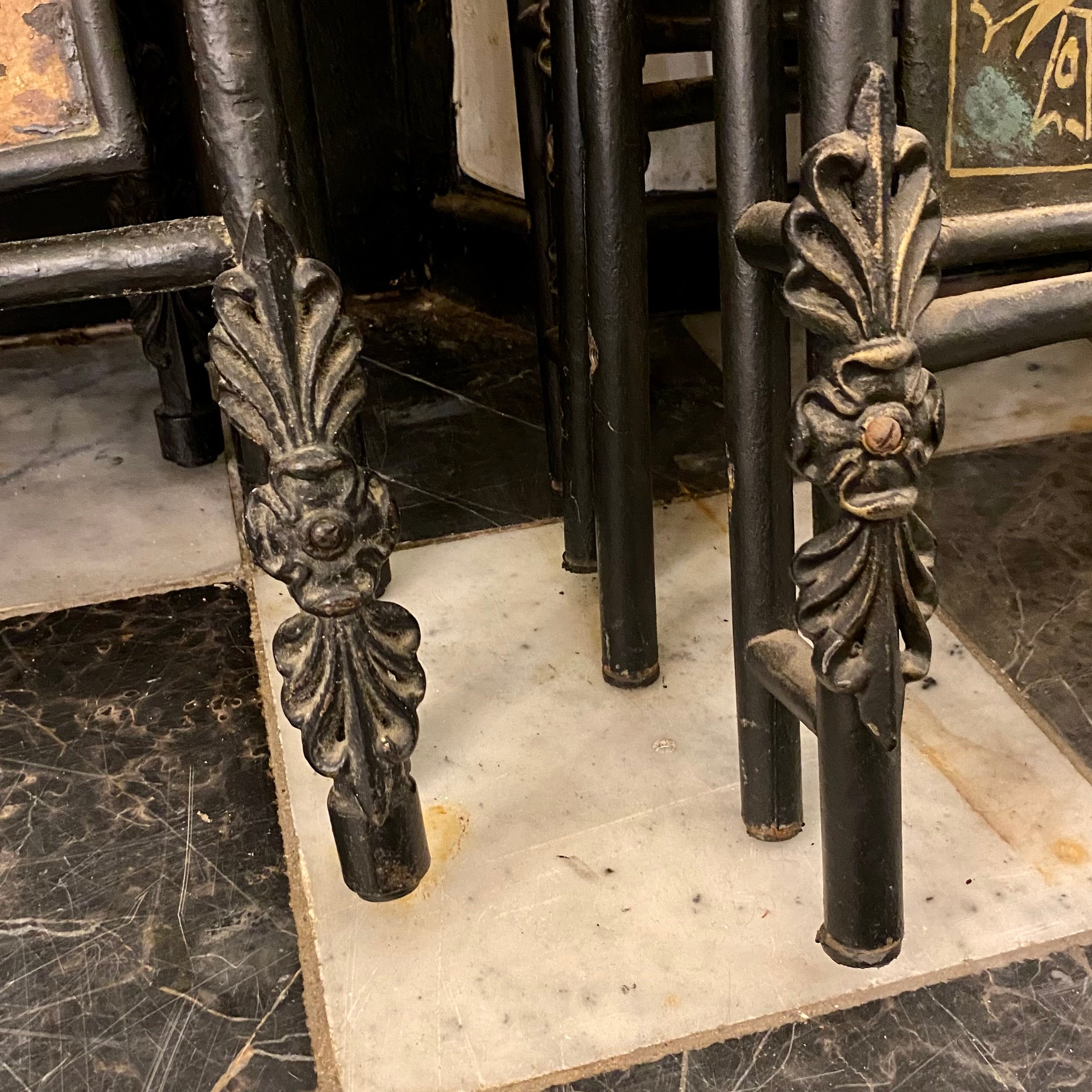 Pair of Antique Beds with Hand Paint Detail & Mother of Pearl Inlay