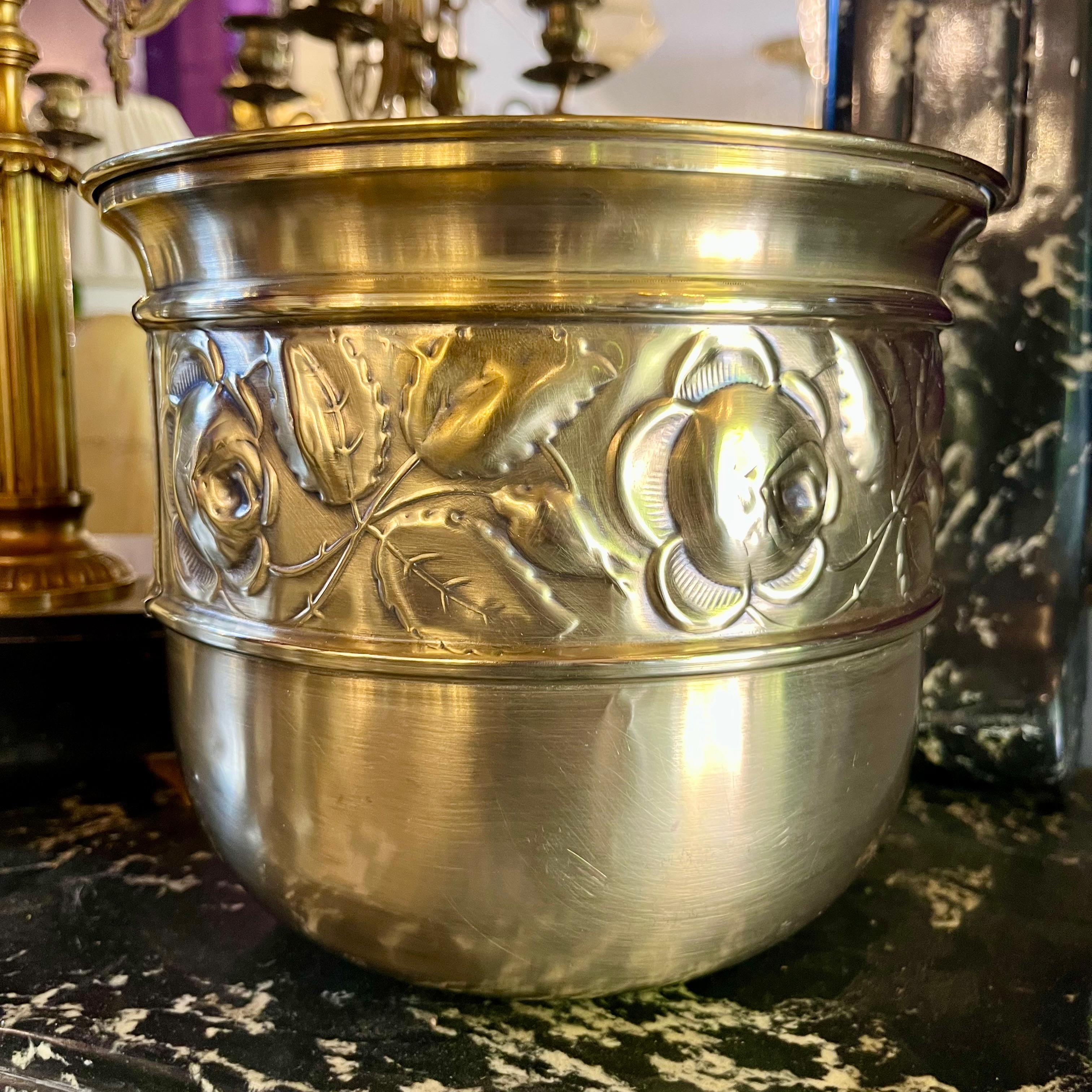 Brass Pot with Embossed Rose Motif