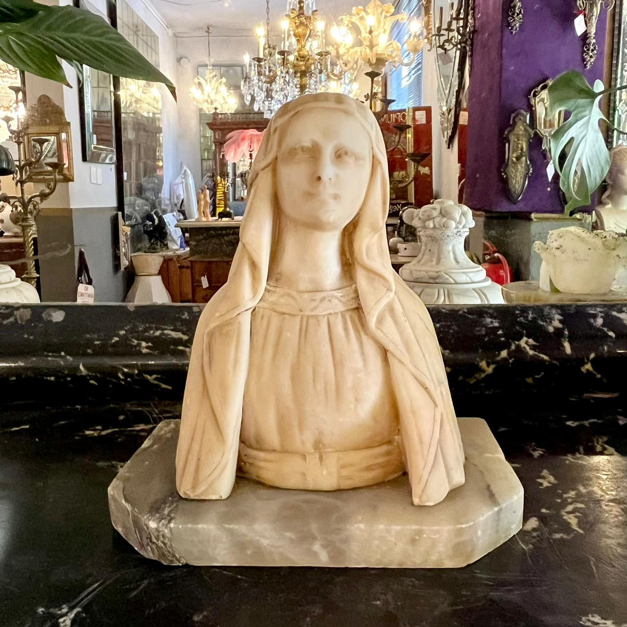Cream Marble Mary Bust on Mottled Grey Marble Base