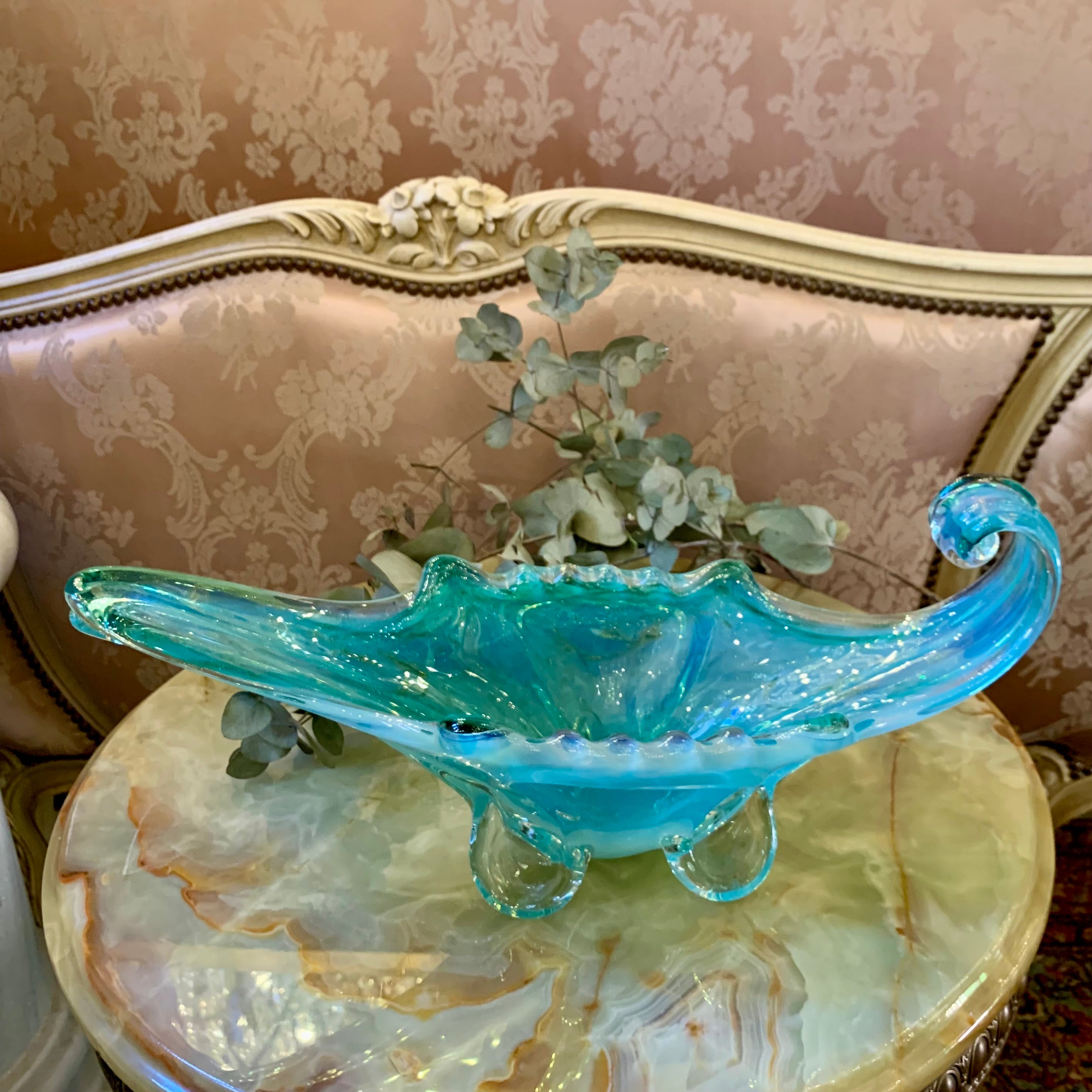 Stunning Sky Blue Murano Bowl with Gold Wisps