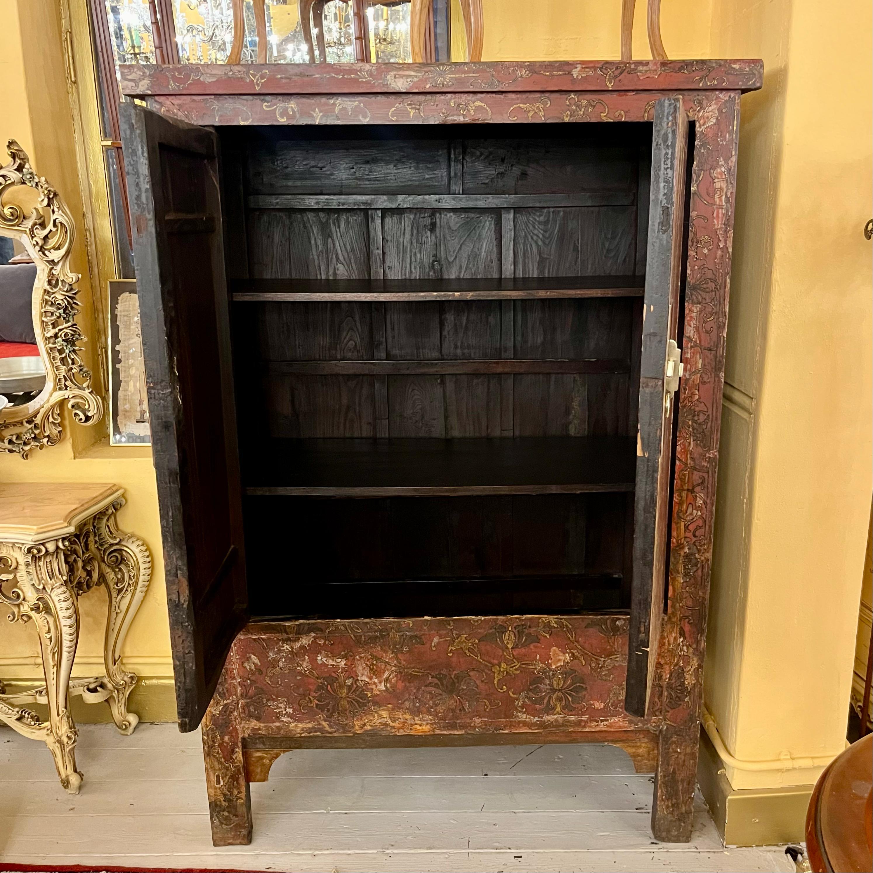 Chinese Red Lacquer Cabinet with Gilt Floral Decoration, Late Qing Dynasty