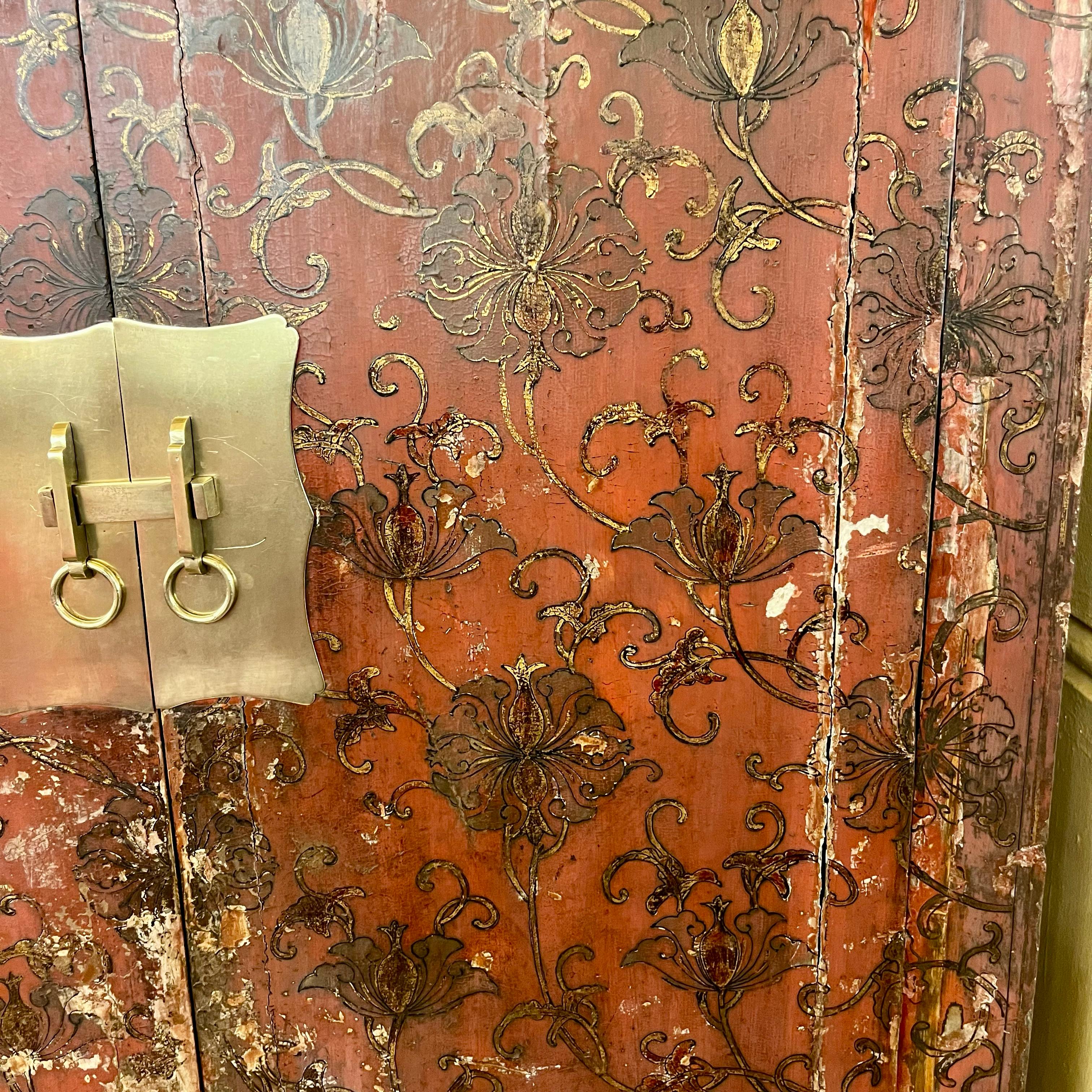 Chinese Red Lacquer Cabinet with Gilt Floral Decoration, Late Qing Dynasty