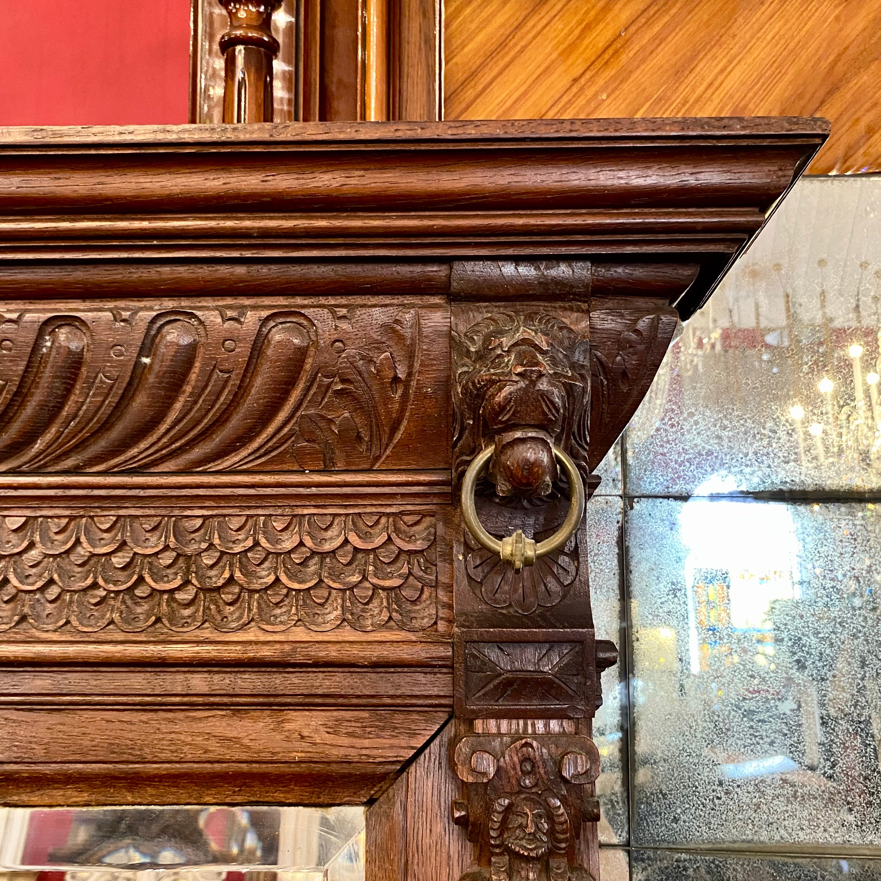 Large Dark Oak Breton Mirror with Lady Carving