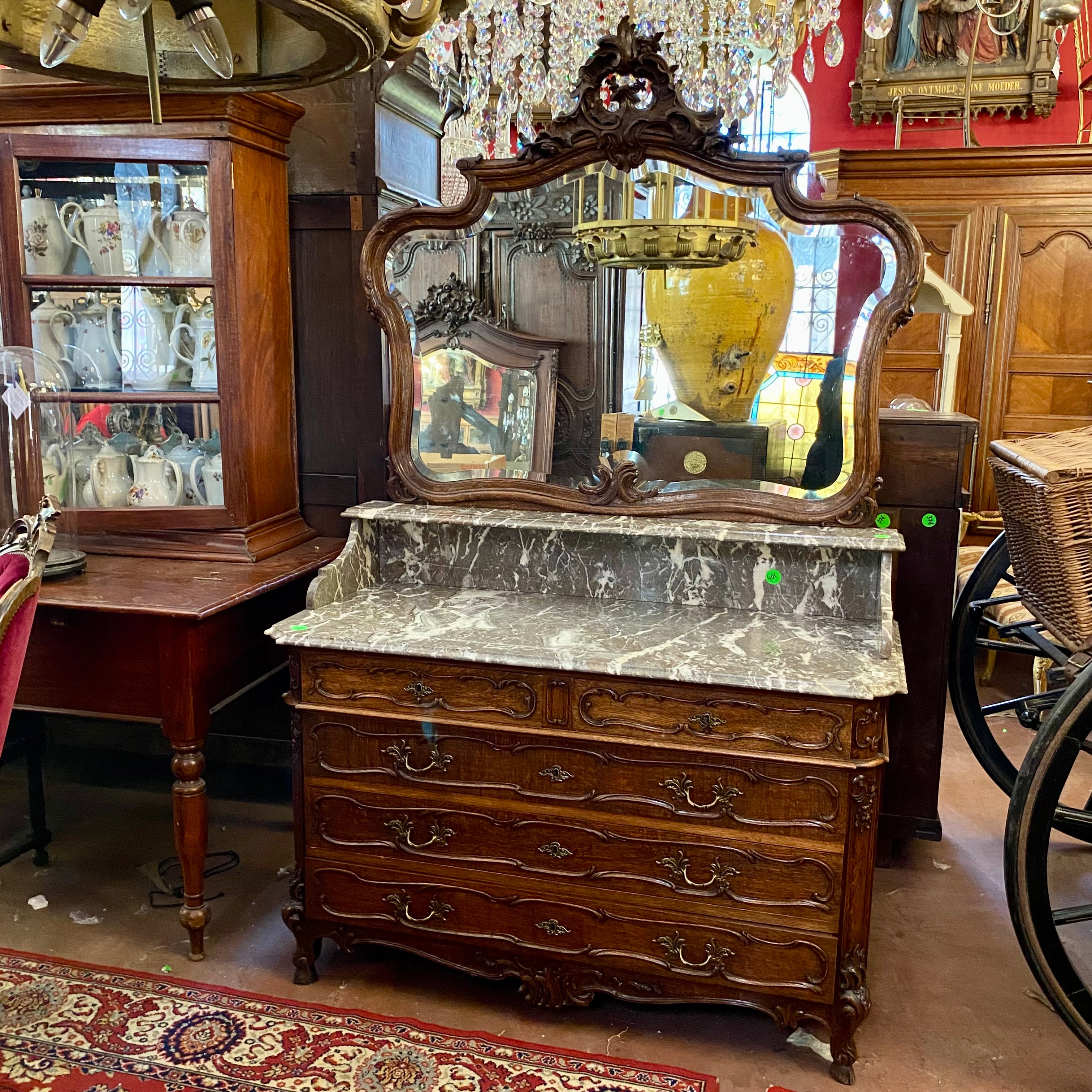 Antique Dark Oak Wash Stand with Grey Marble Top - SOLD