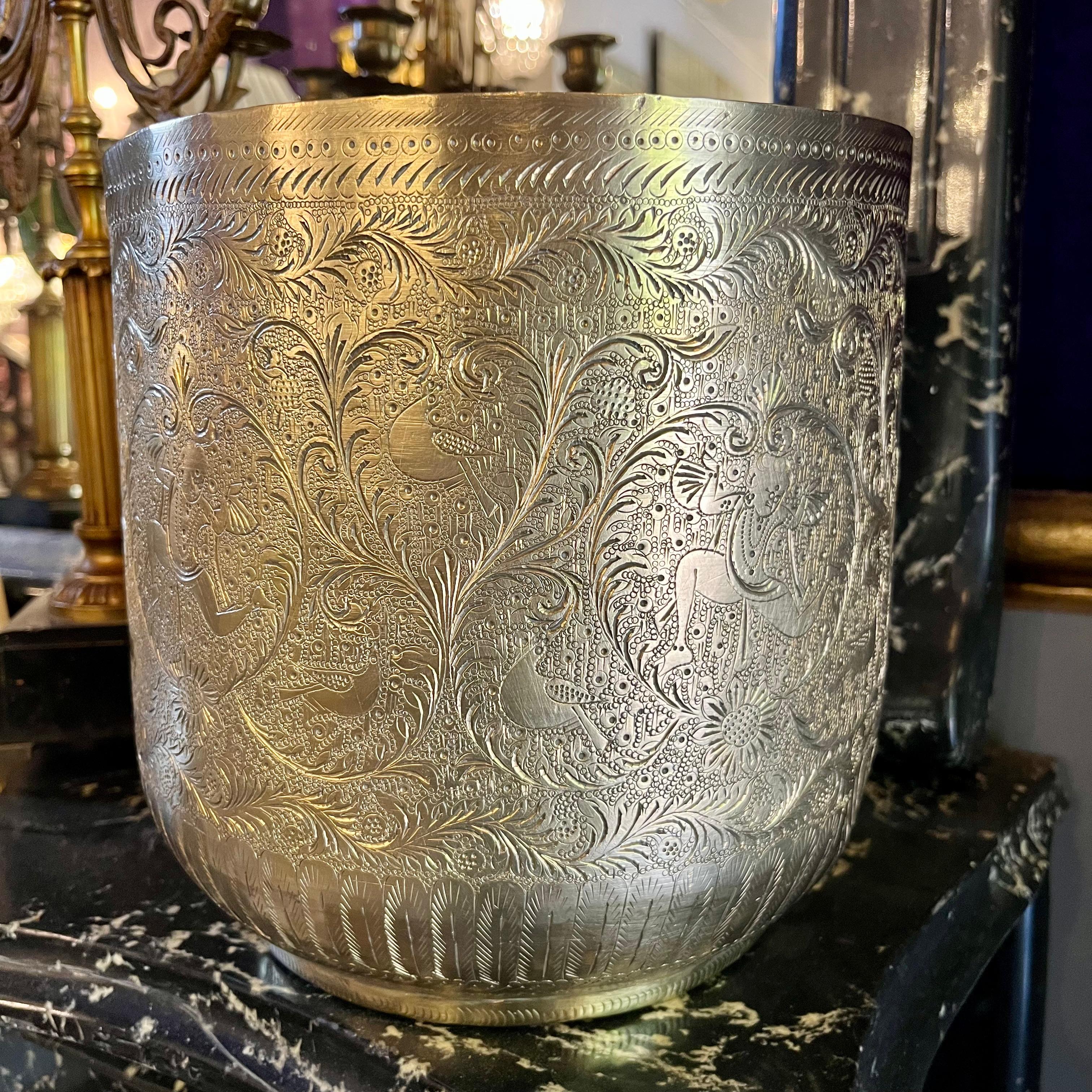 Ethched Brass Pot with Intricate Foliage Motif - SOLD