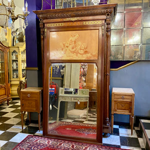 Large Antique Oak Mirror with Painted Cherubs