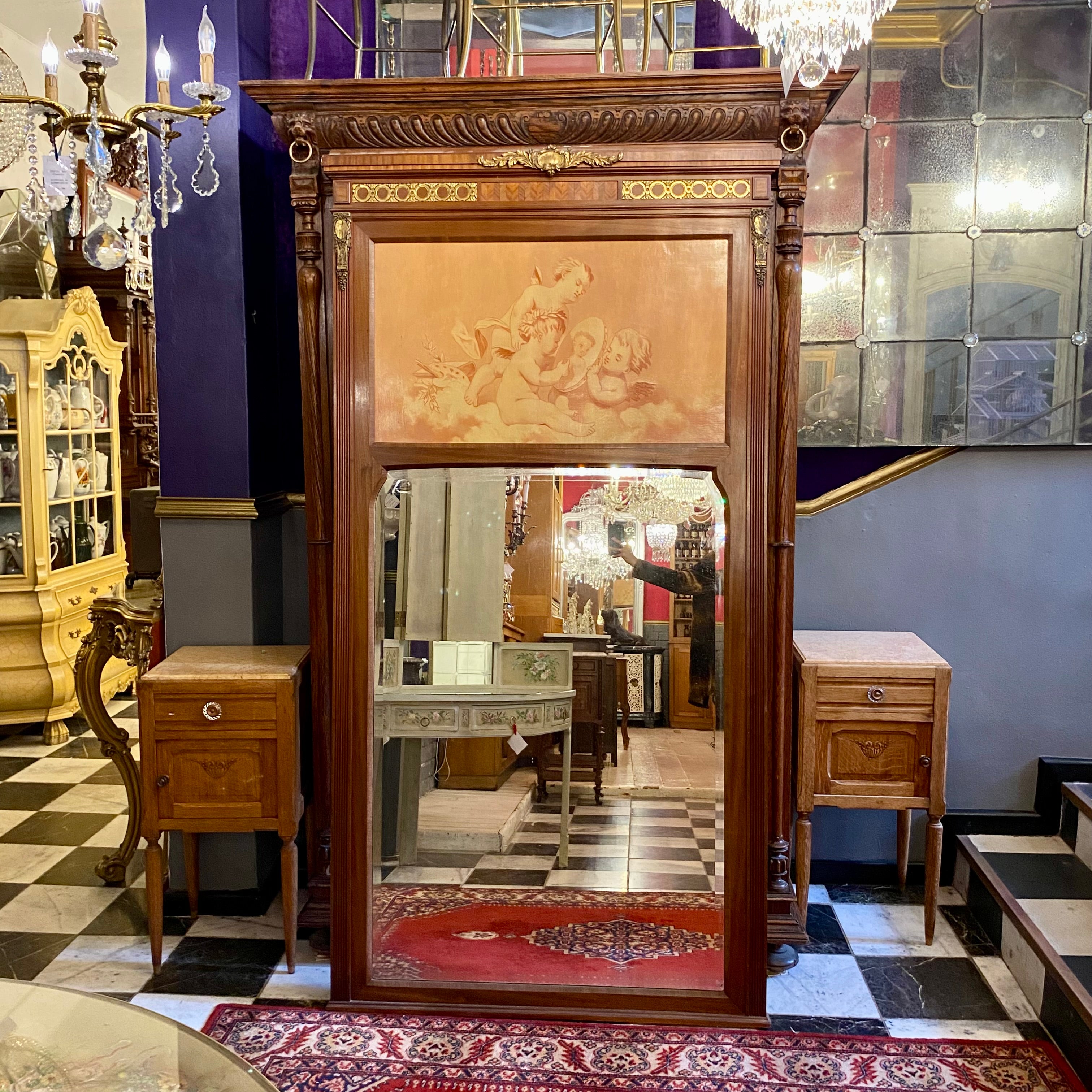 Large Antique Oak Mirror with Painted Cherubs