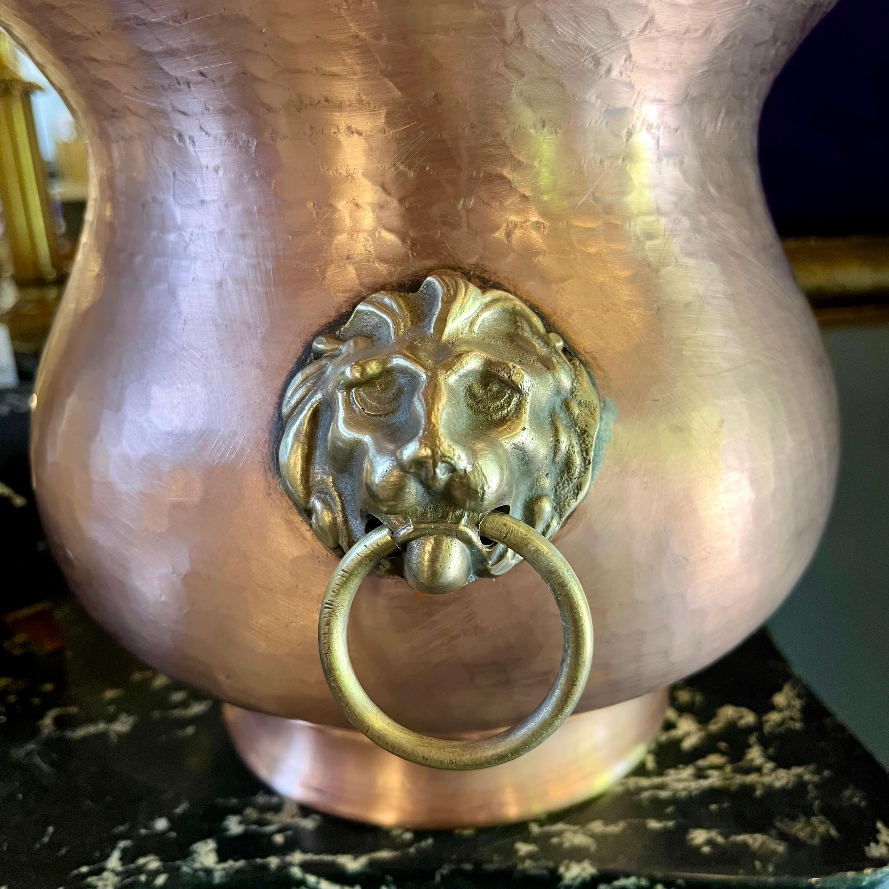 Hammered Copper Urn with Lion Head Handles
