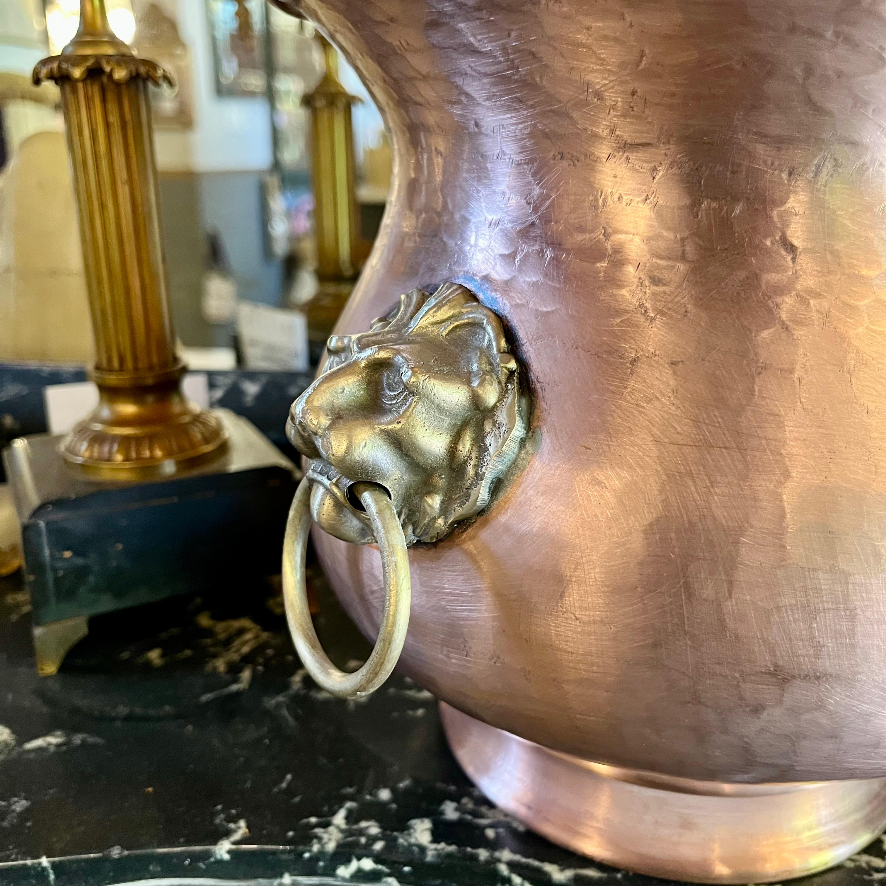 Hammered Copper Urn with Lion Head Handles
