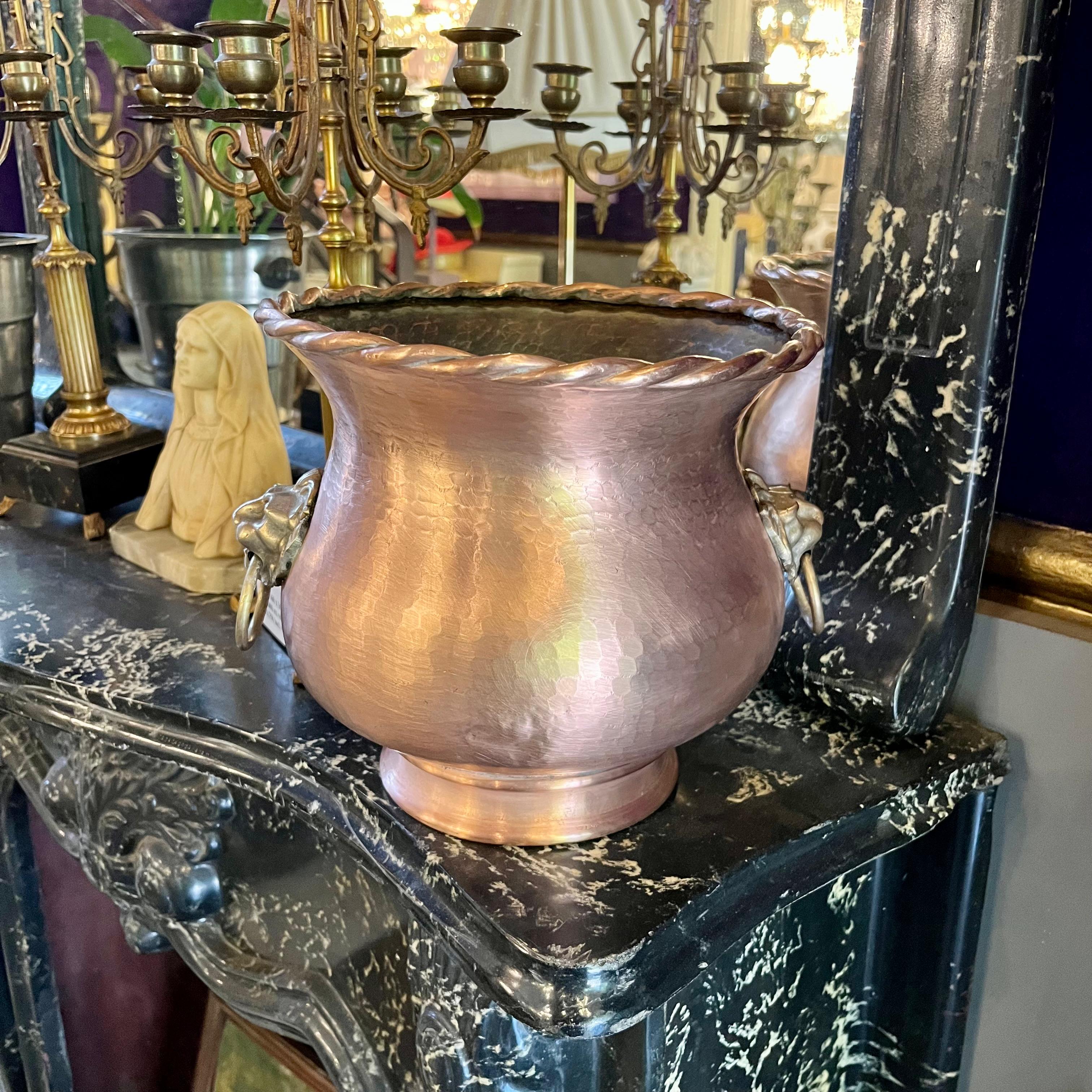 Hammered Copper Urn with Lion Head Handles