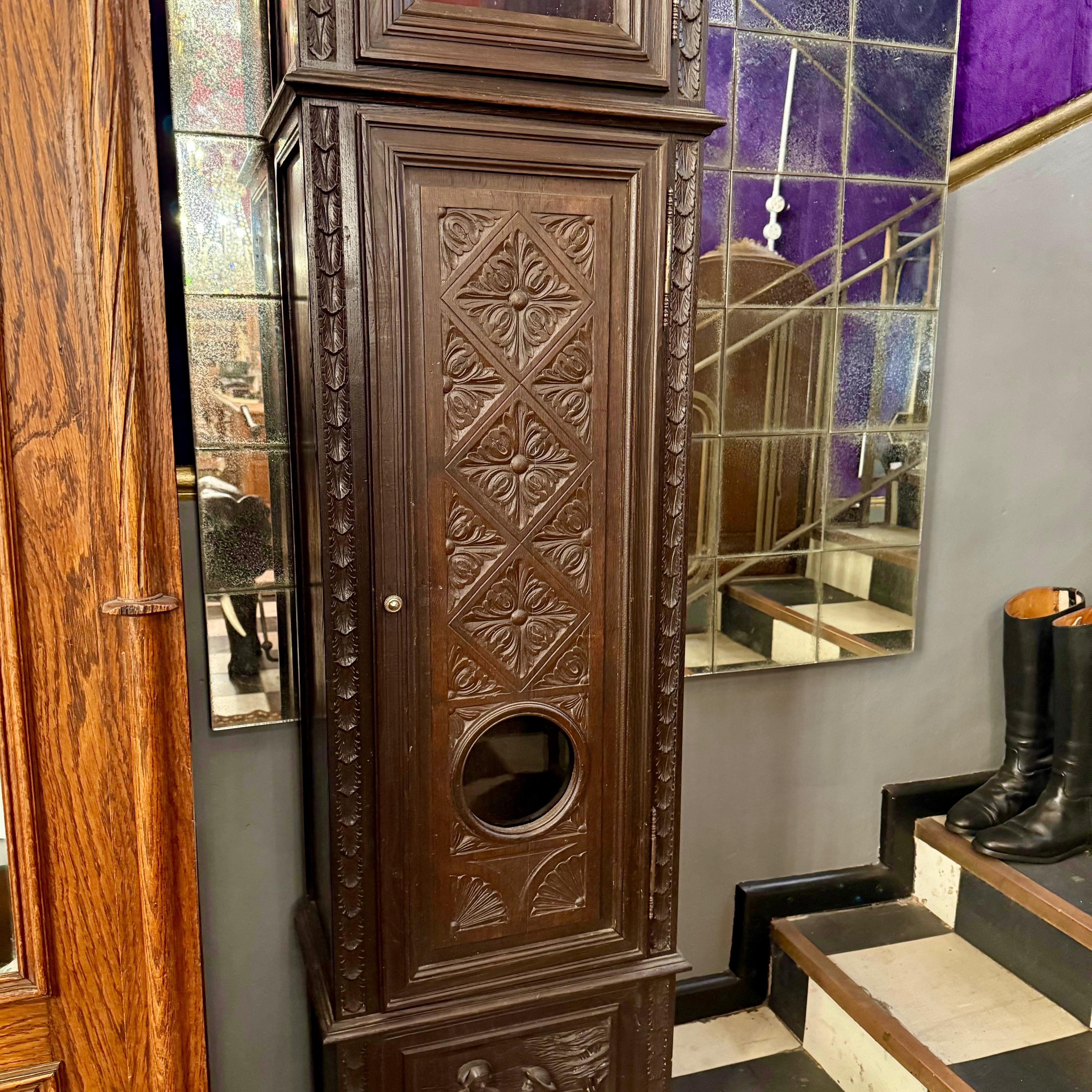 Antique Oak Carved Grandfather Clock Cabinet