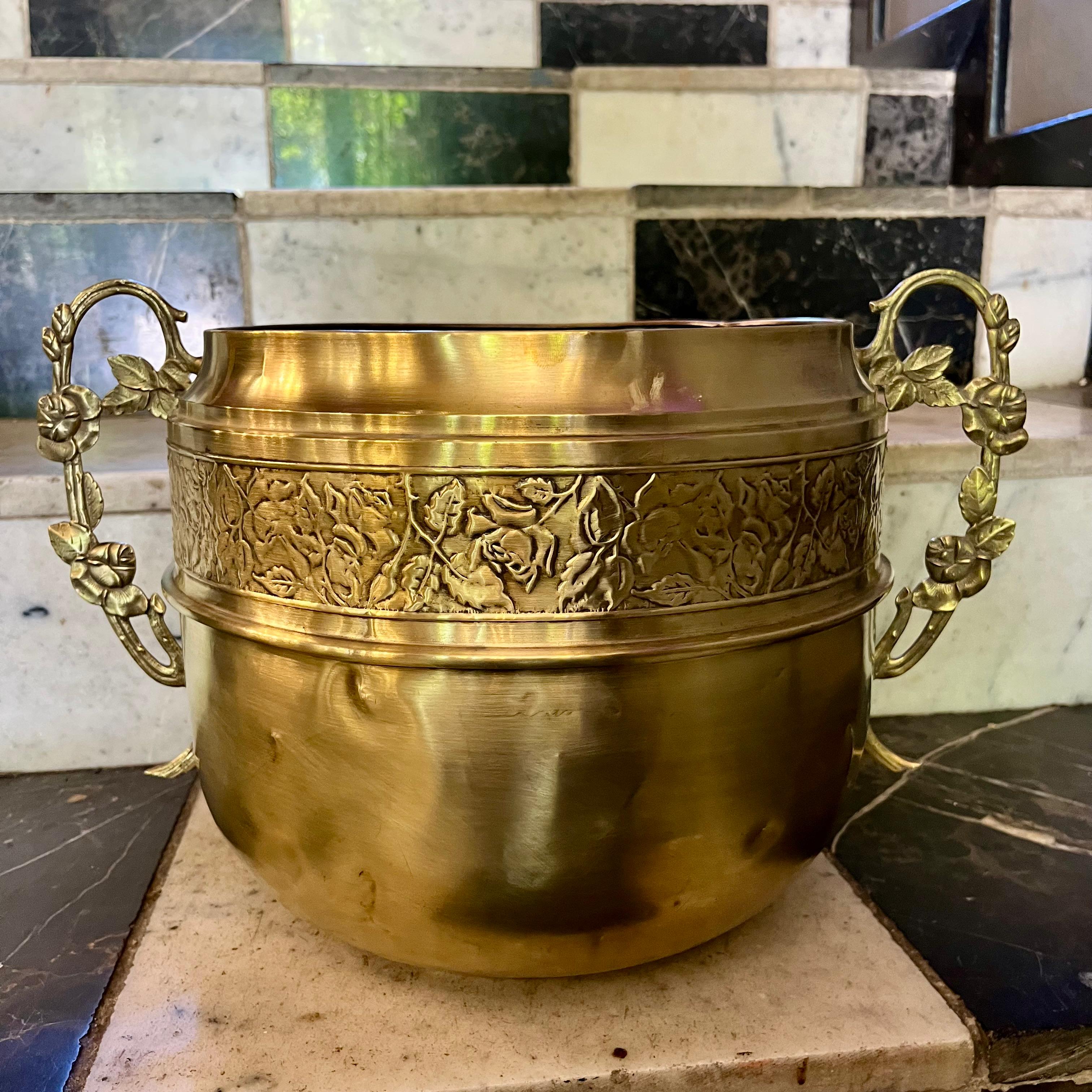 Embossed Brass Pot with Floral Detail