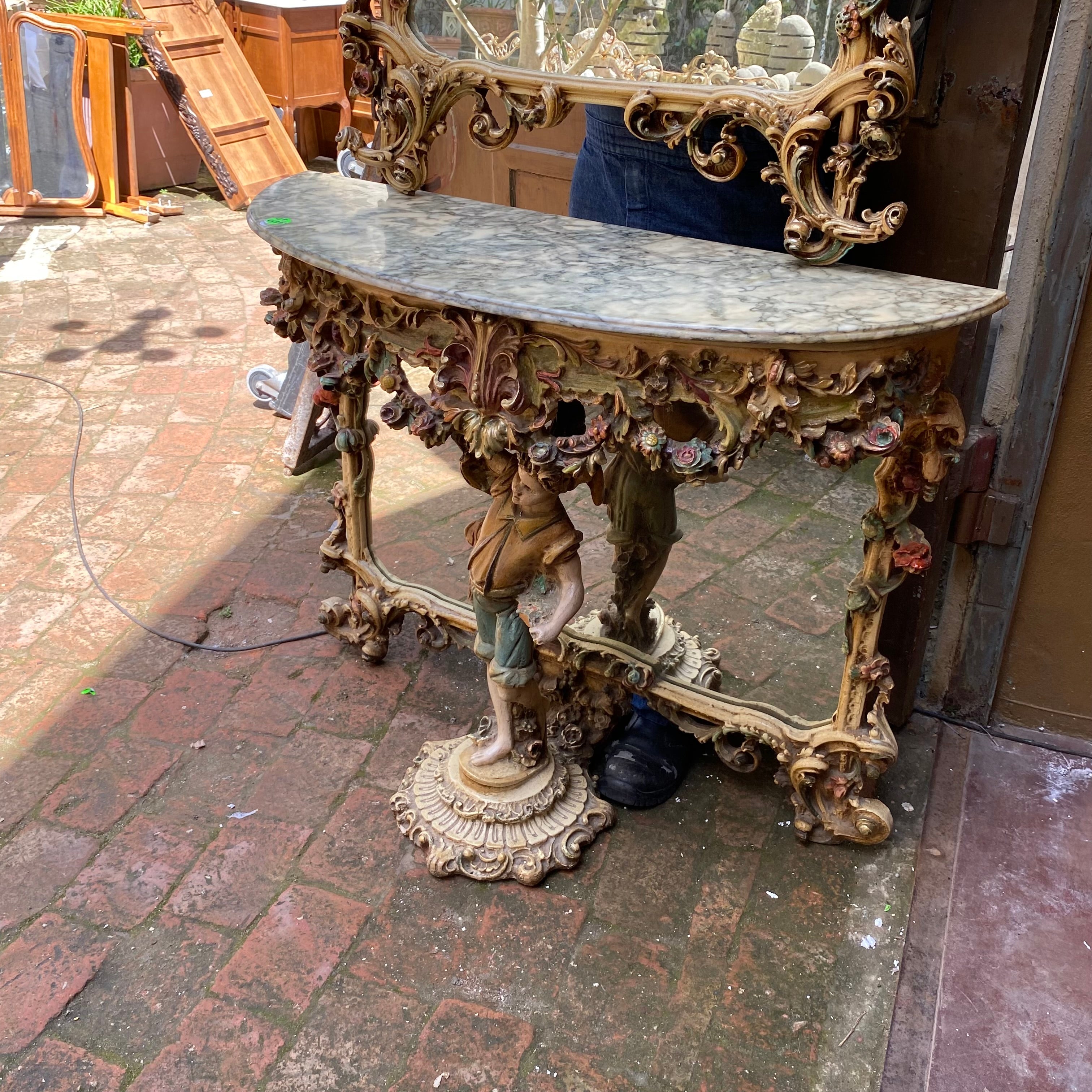 Very Rare and Special Antique Italian Cherub Console with Heavily Veined Marble from Verona, Italy