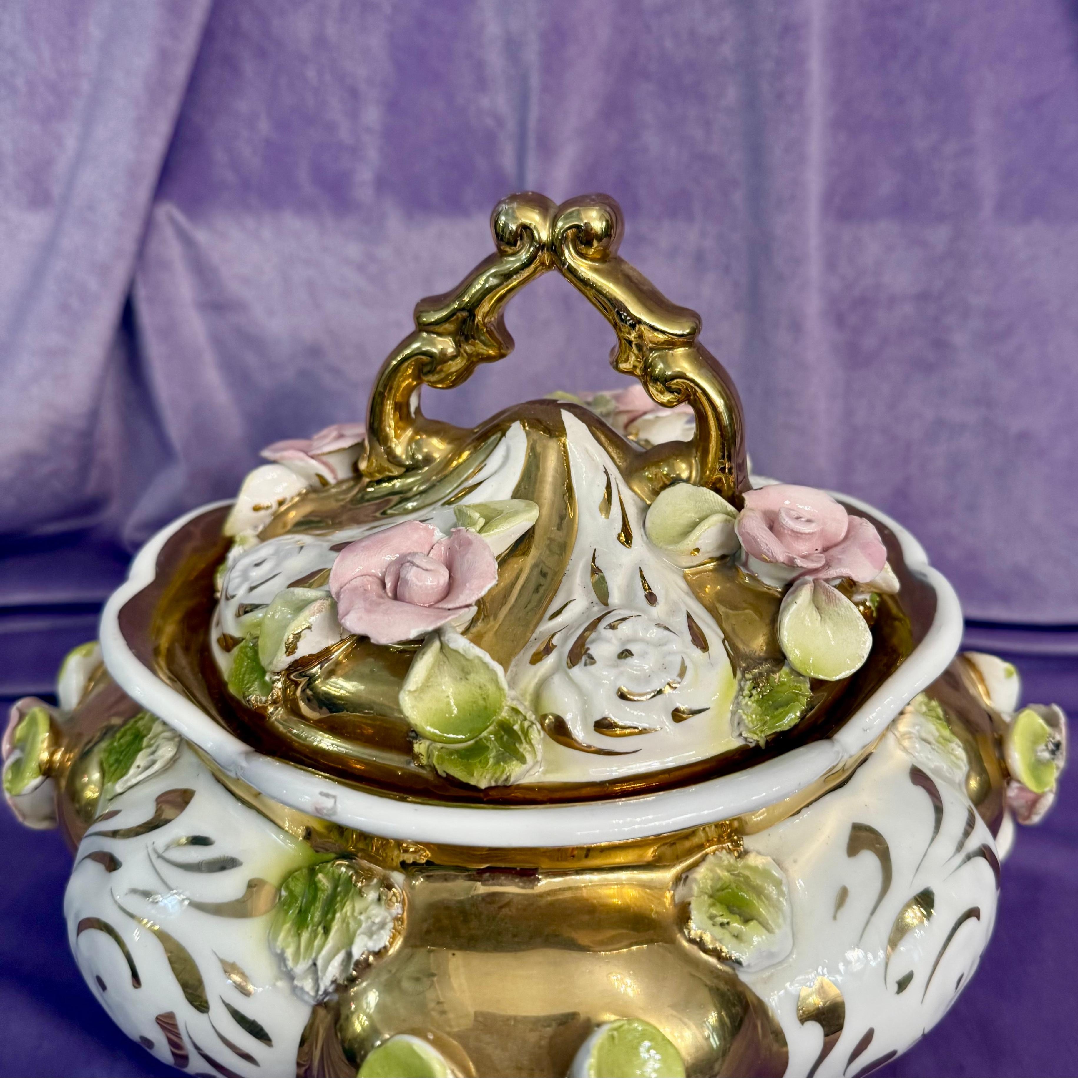 Capodimonte Lidded Urn with Gilt and Applied Roses