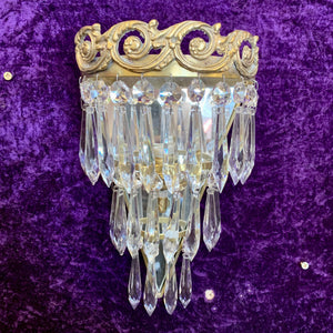 Pair of Aged Brass & Crystal Waterfall Sconces - SOLD