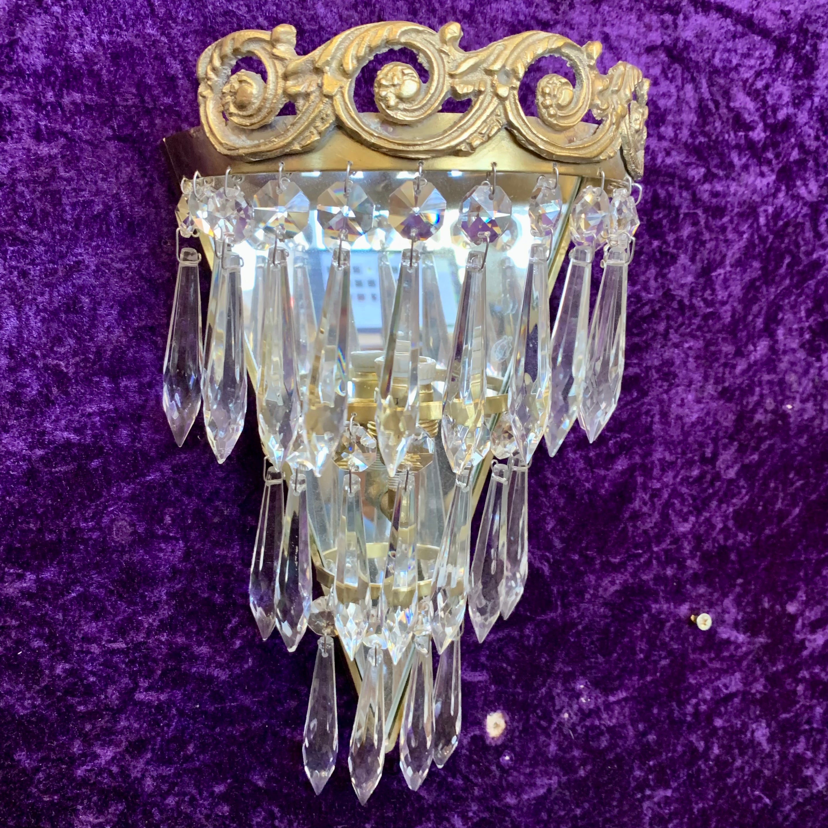 Pair of Aged Brass & Crystal Waterfall Sconces - SOLD