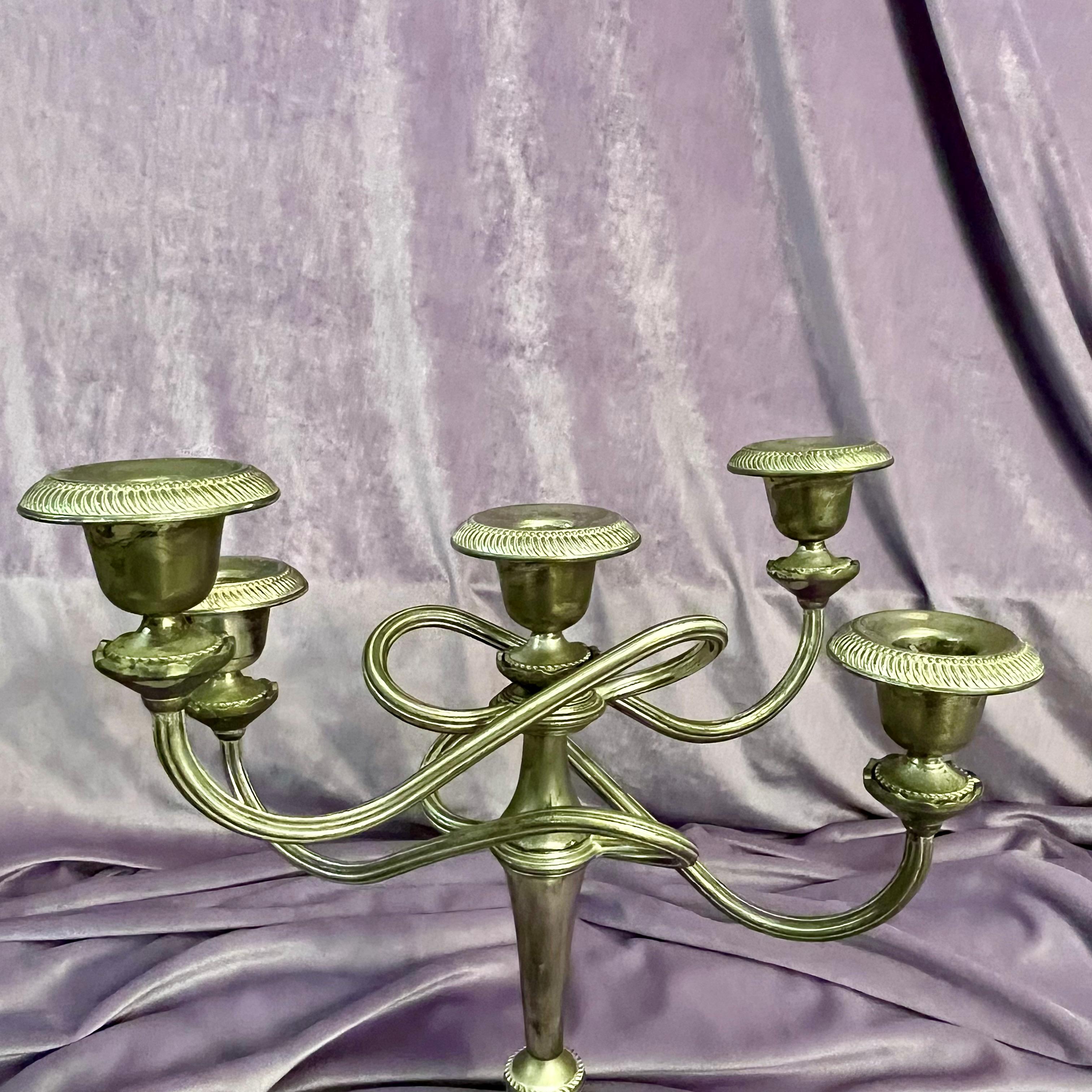 Near Pair of Antique Polished Nickel Candelabras
