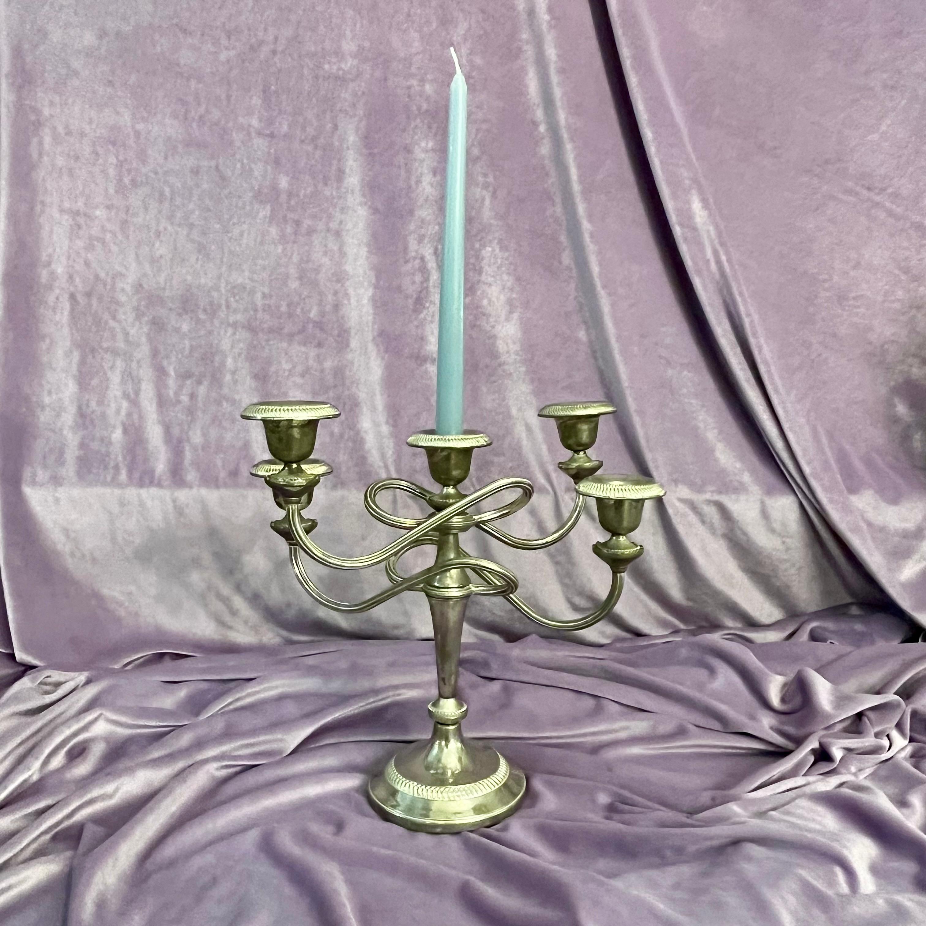 Near Pair of Antique Polished Nickel Candelabras