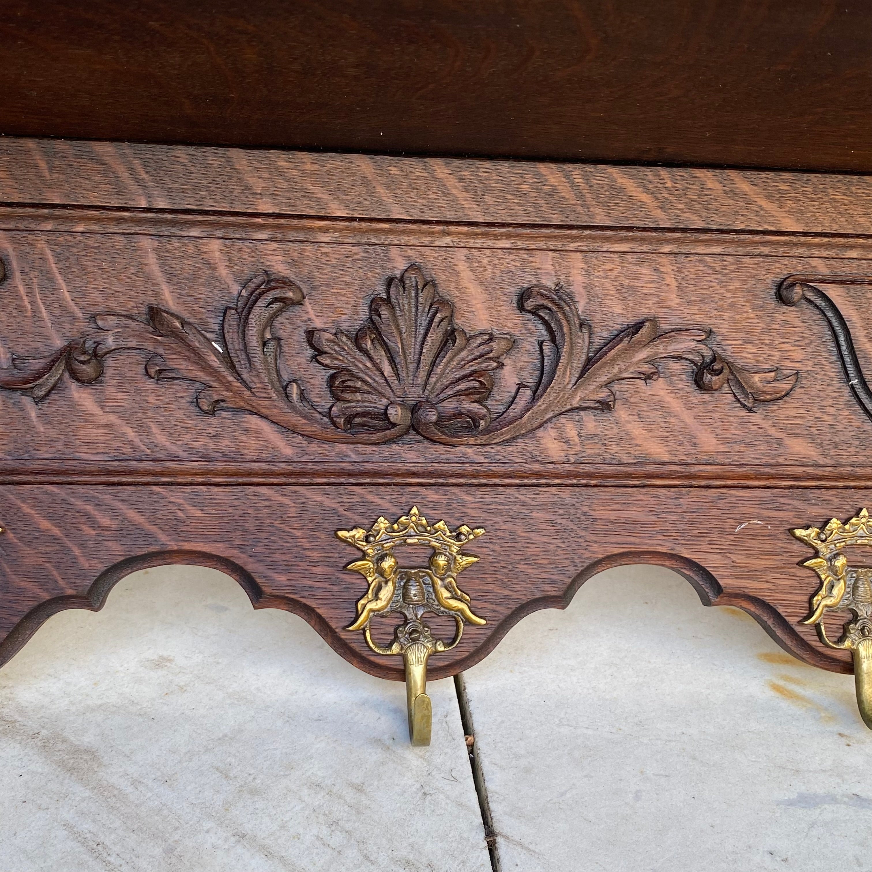 Antique French Oak Coat Rack with Beautiful Brass Hooks