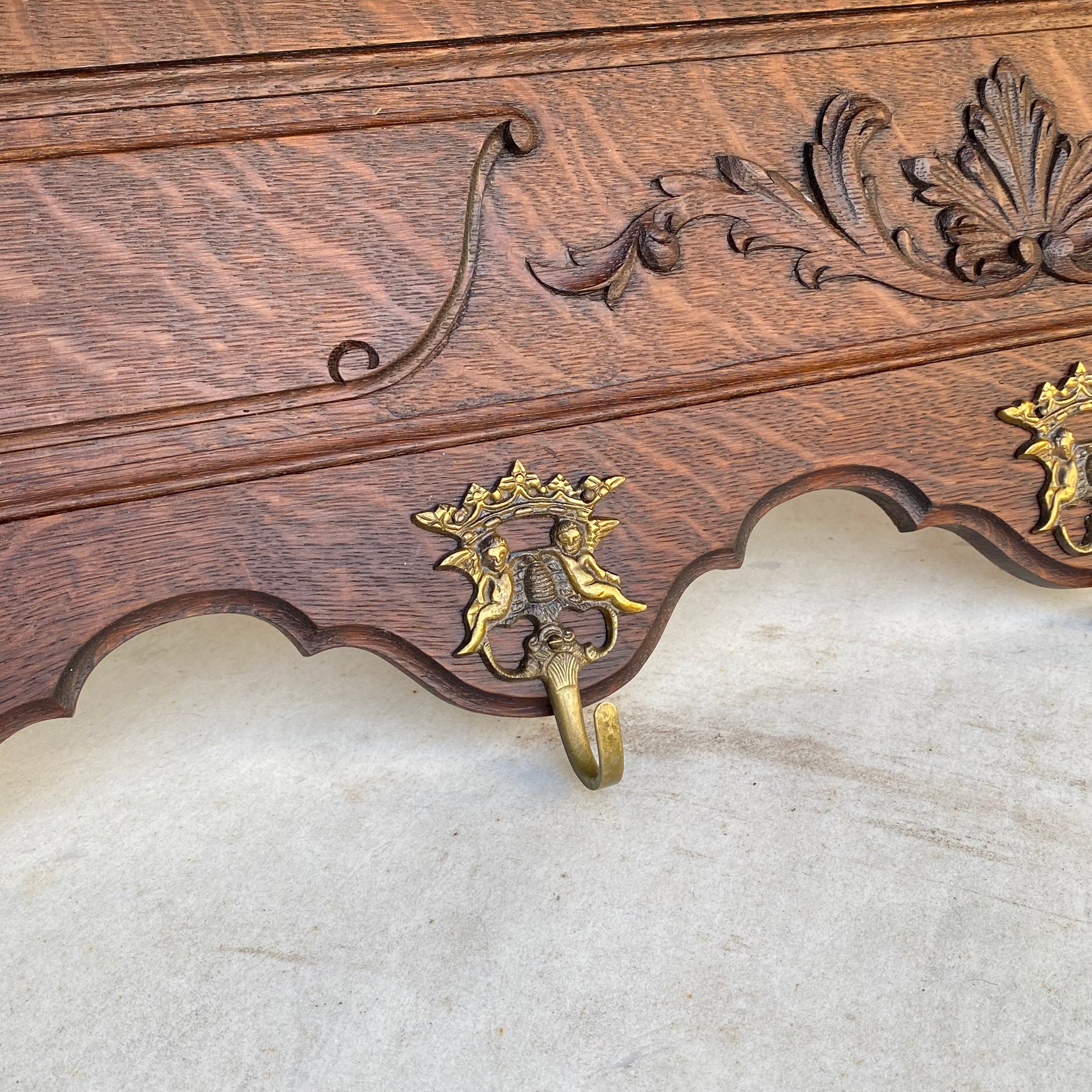 Antique French Oak Coat Rack with Beautiful Brass Hooks